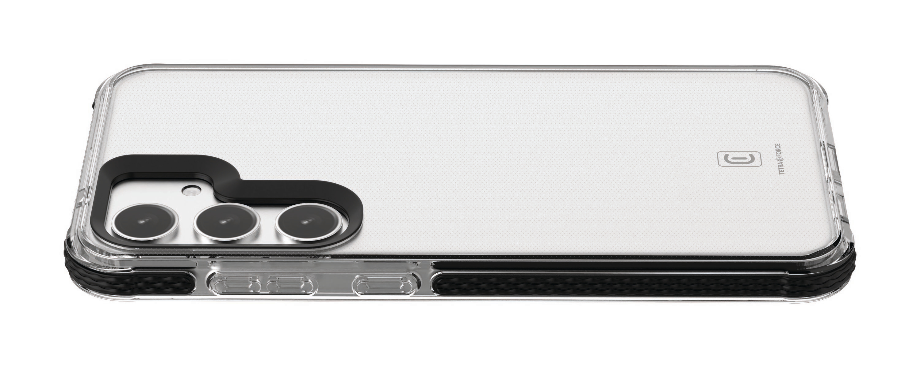 Transparente Handyhülle mit schwarzen Akzenten um ein Handy.