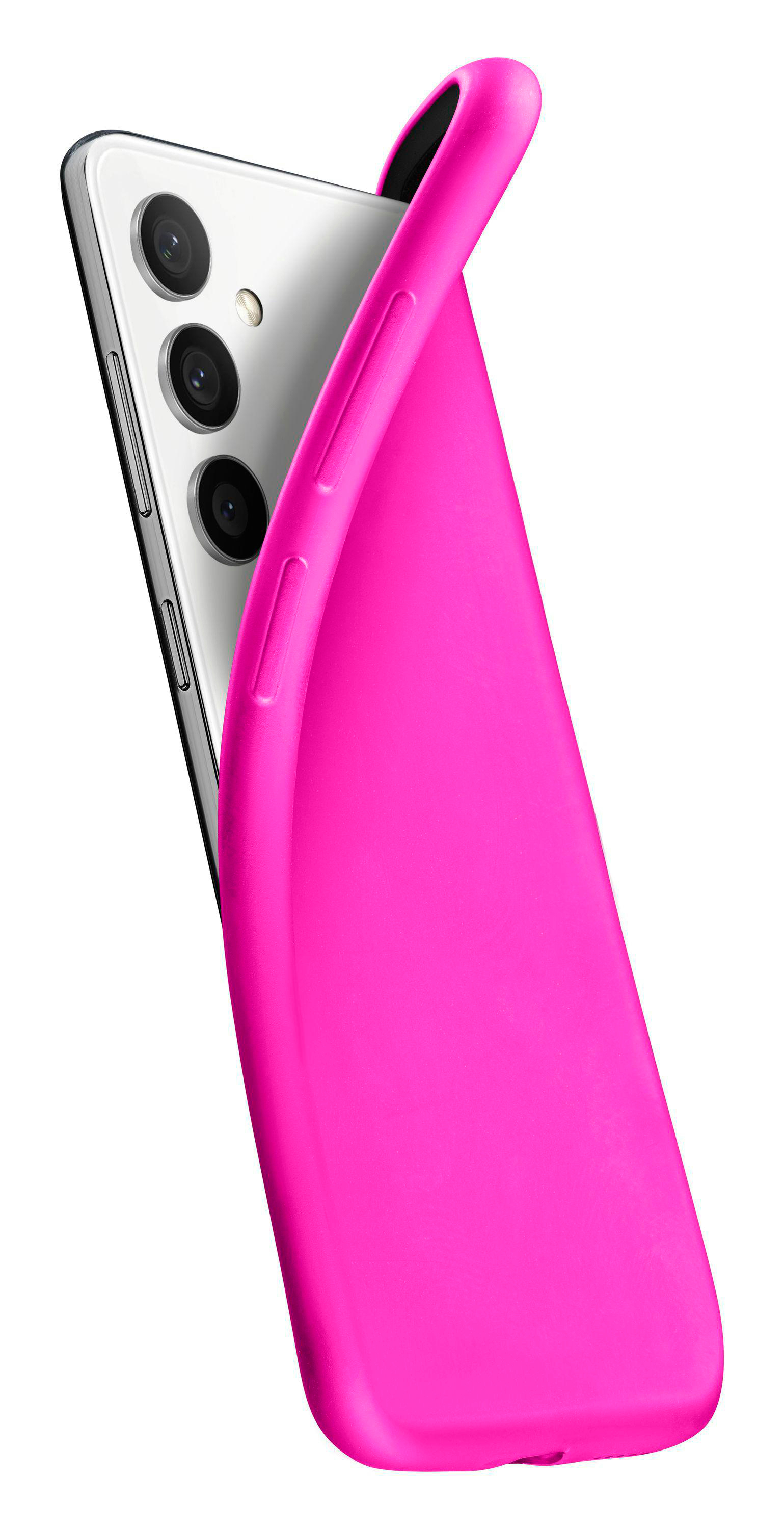 Eine pinke Handyhülle über einem weißen Handy, die Kamera hinten.