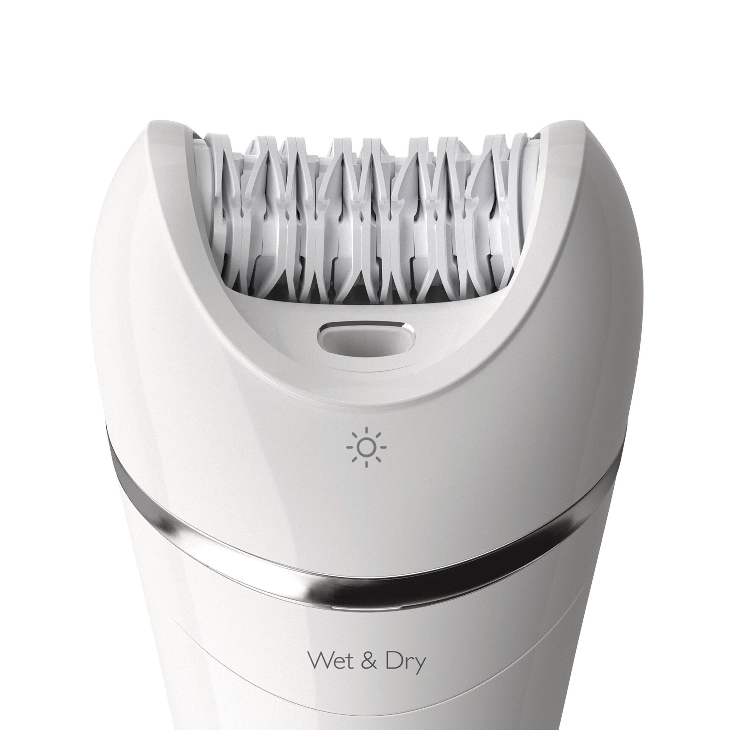 Zbliżenie białej głowicy depilatora z wieloma białymi pęsetami.