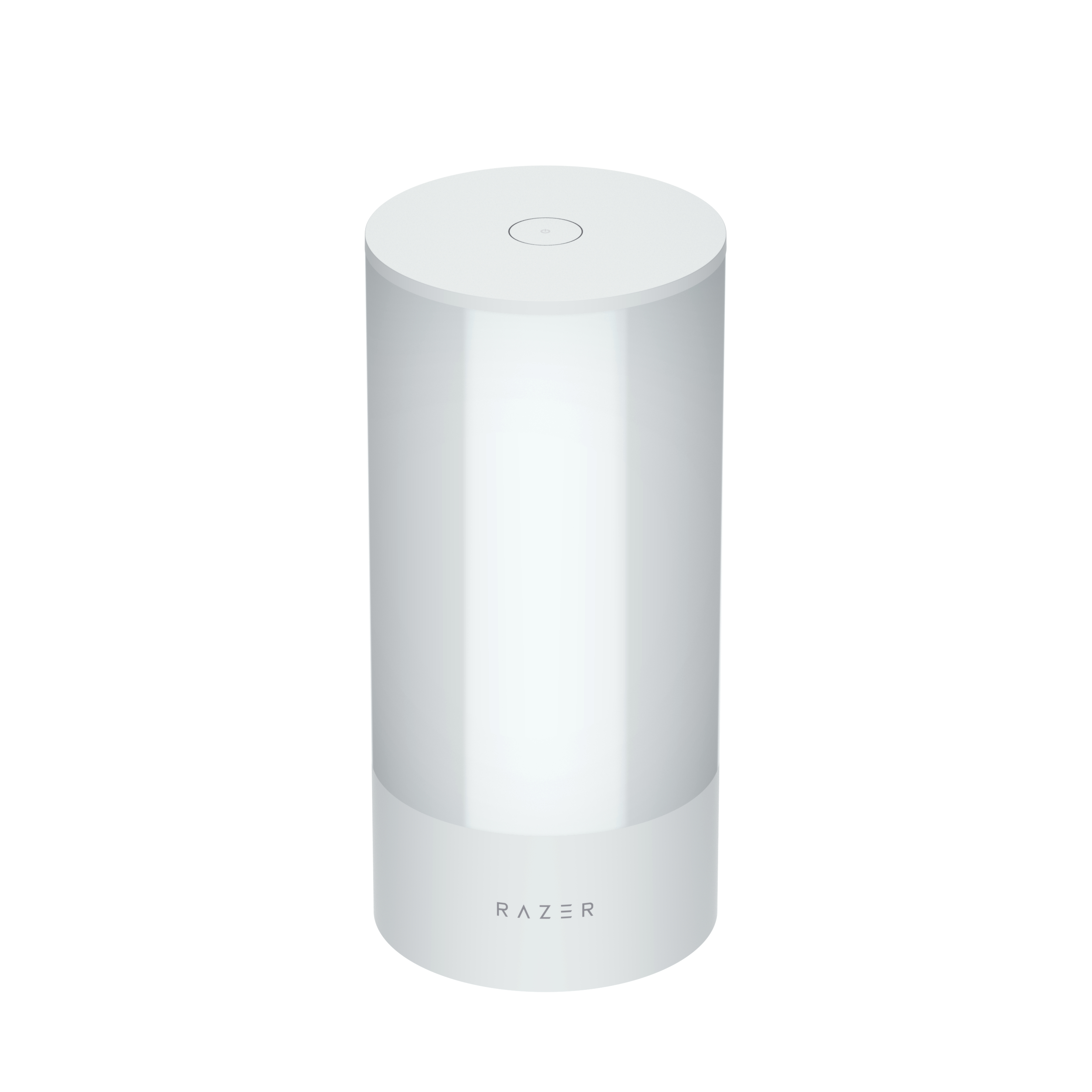 Weiße Razer-Lampe in zylindrischer Form. Der Sockel ist weiß, die Oberseite hat einen Touch-Button.