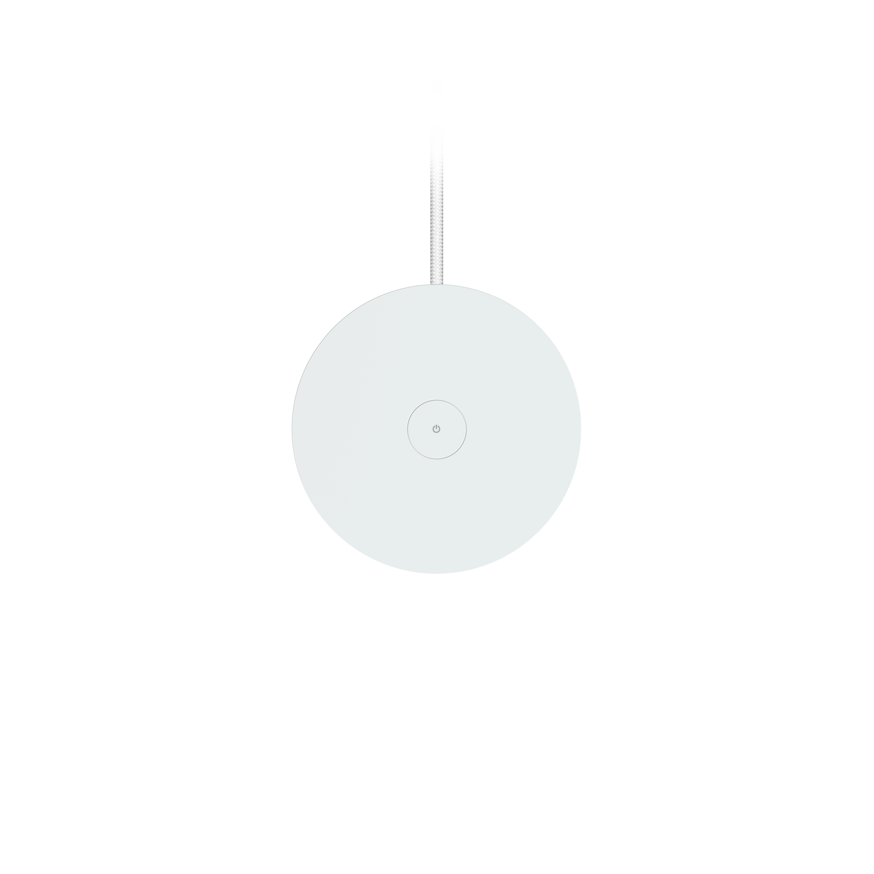 Ein weißes kabelloses Ladegerät, Draufsicht, mit einem Netzschaltersymbol.