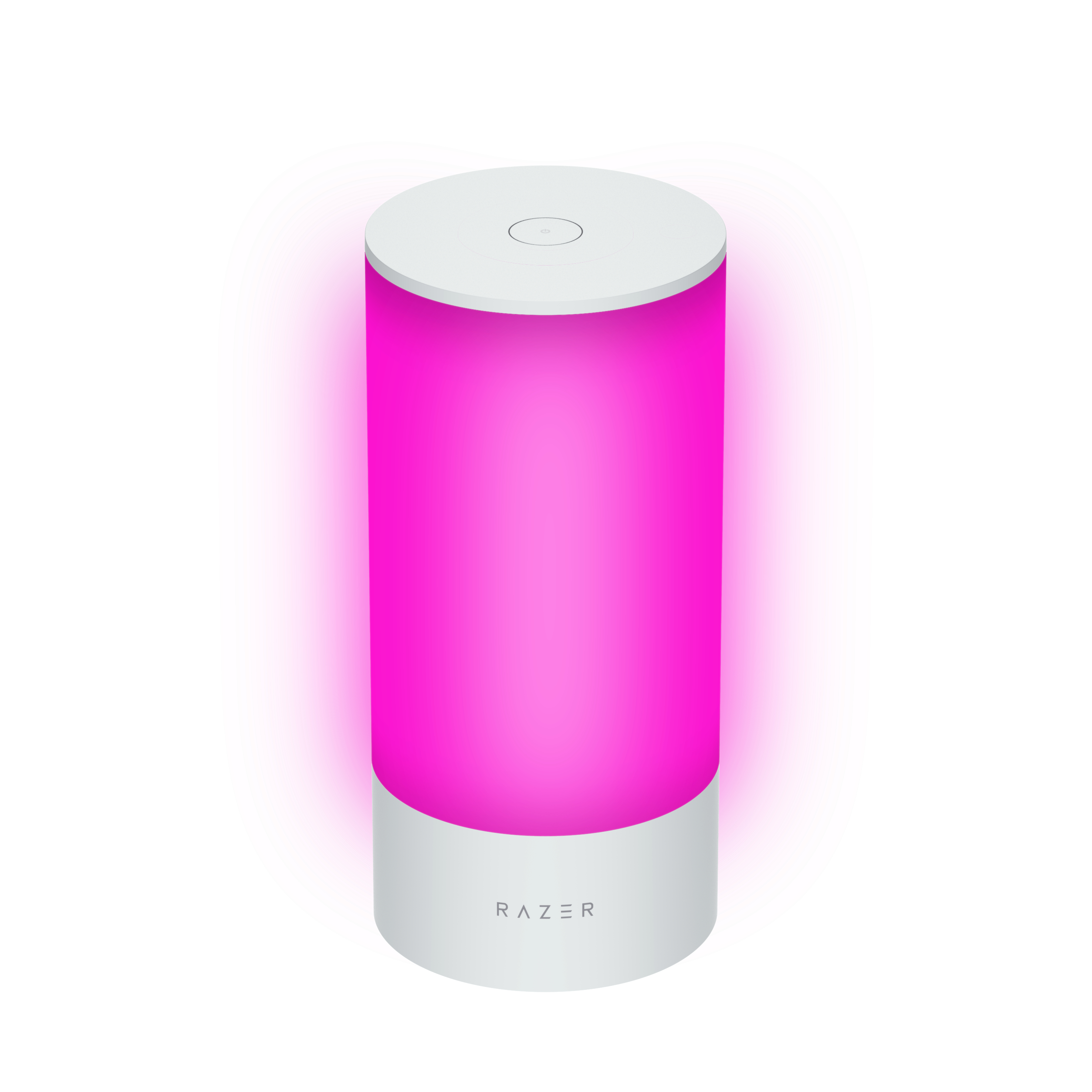 Eine Razer-Lampe, die rosa Licht emittiert, mit weißem Sockel und Oberteil, auf weißem Hintergrund.