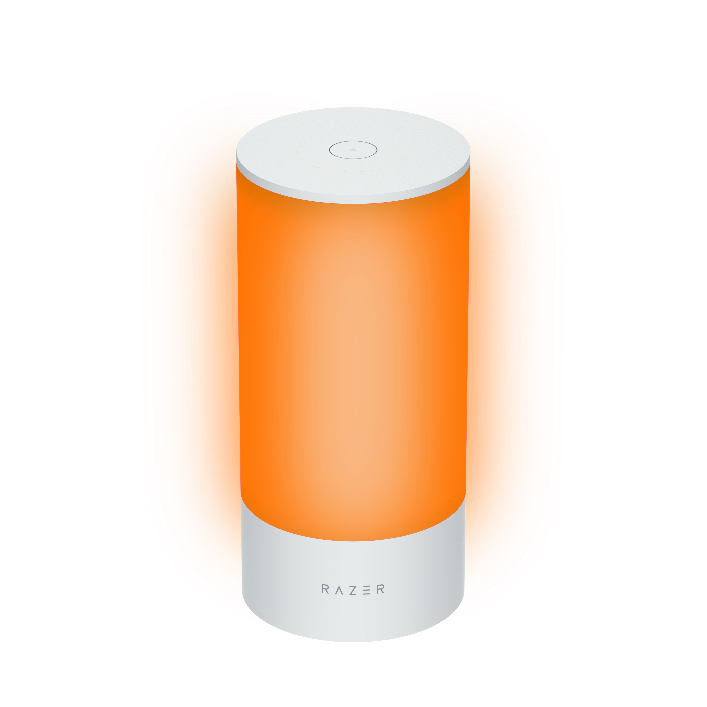 Weiße Razer-Lampe, orange leuchtend. Zylindrische Form, weißer Sockel, Touch-Button.