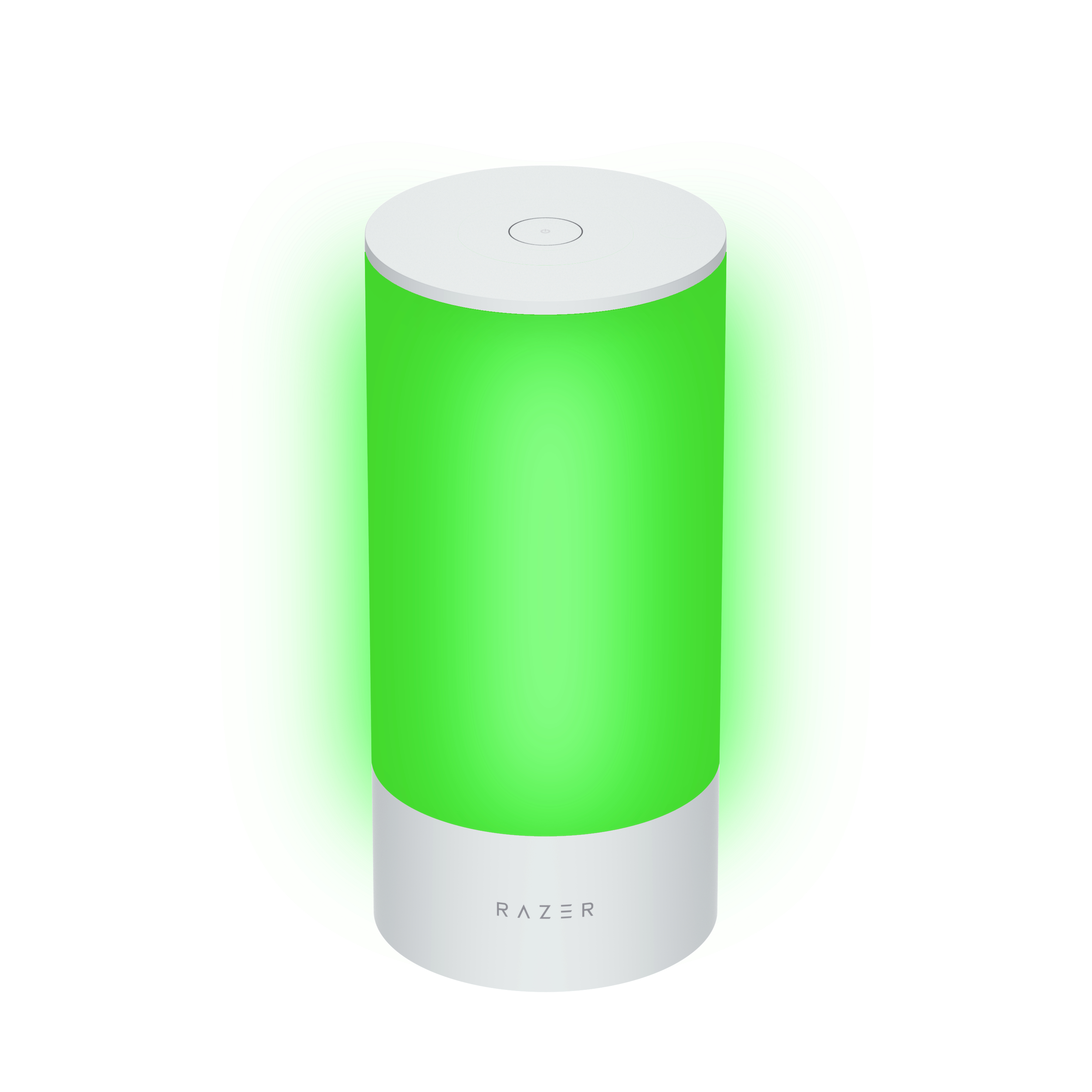 Zylindrische Lampe mit grünem Licht. Sie hat eine weiße Ober- und Unterseite, mit dem Logo RAZER.
