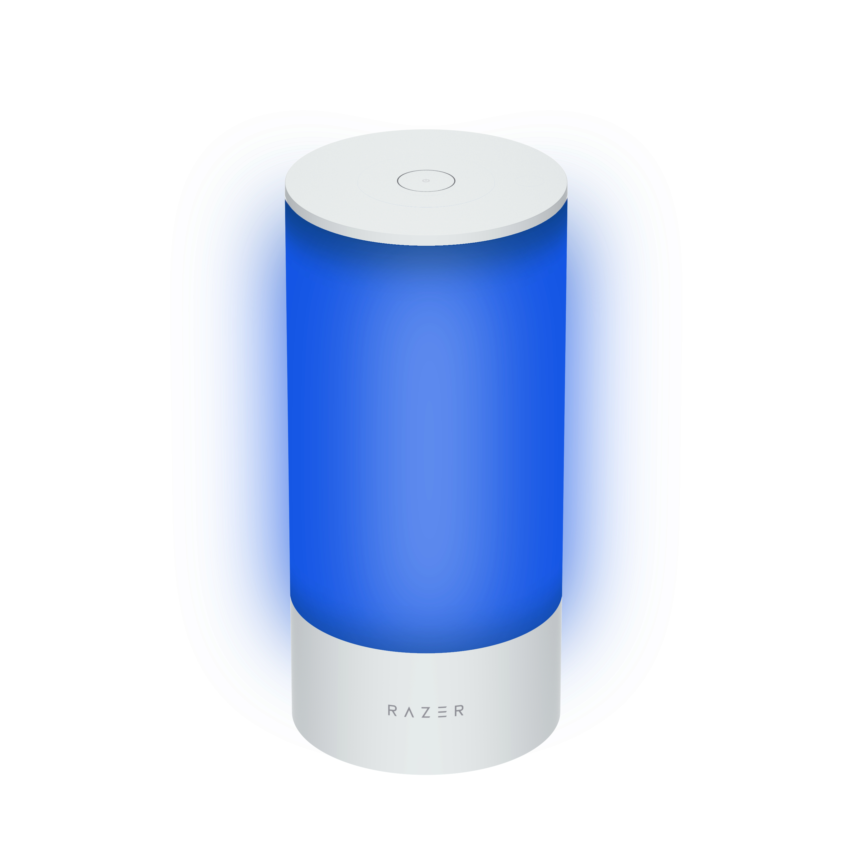 Weiße Razer-Lampe, blau leuchtend. Zylindrische Form, weißer Sockel, Touch-Button.