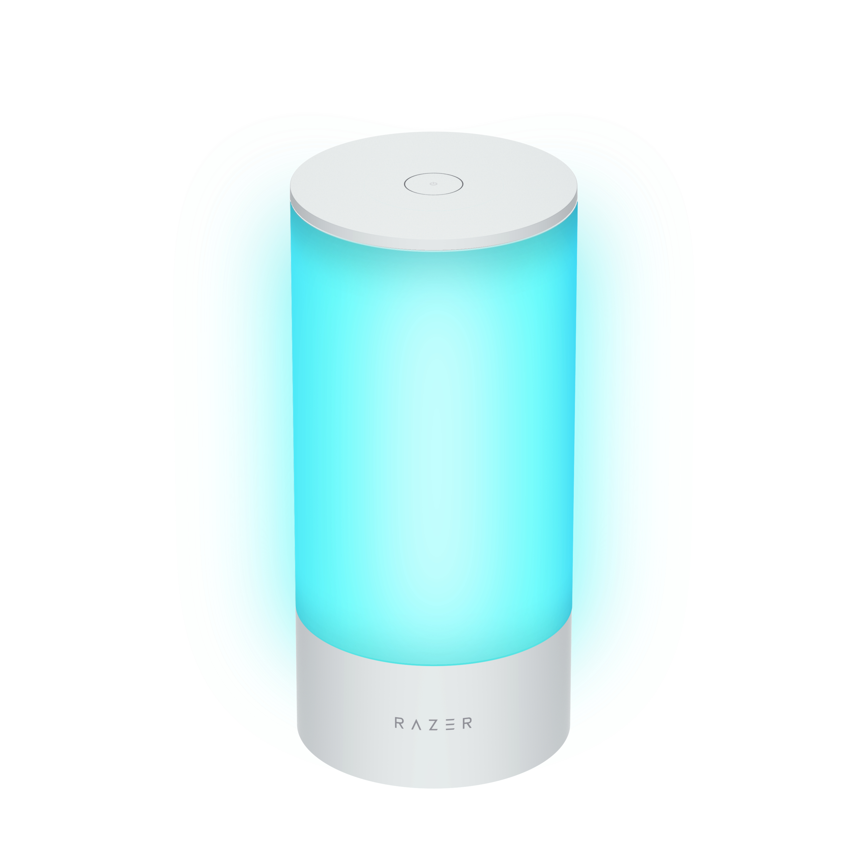Weiße Razer-Lampe, hellblau leuchtend. Zylindrische Form, weißer Sockel, Touch-Button.
