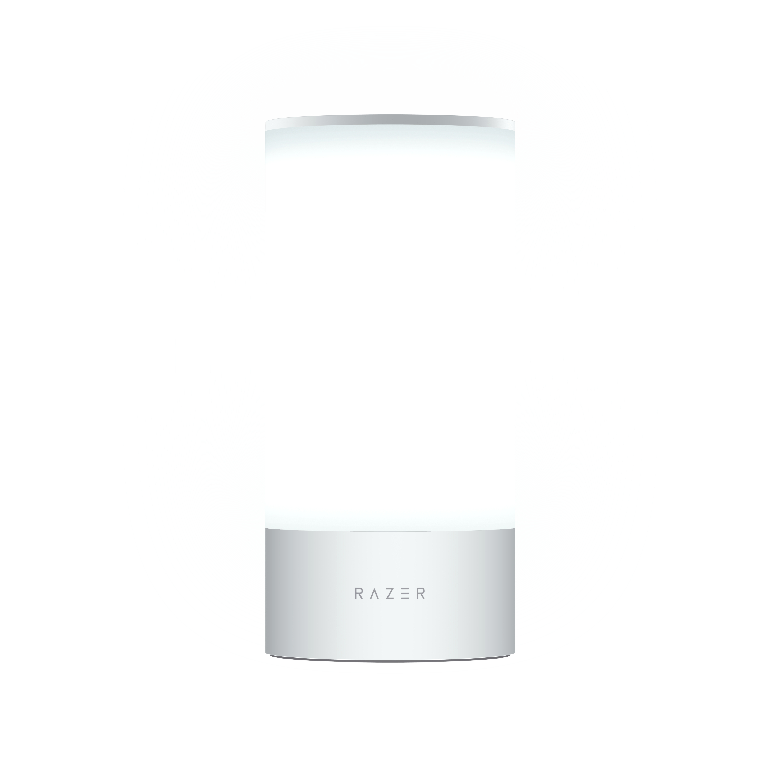 Eine weiße und silberne Razer-Lampe. Der Sockel ist silber. Die Oberseite ist weiß.