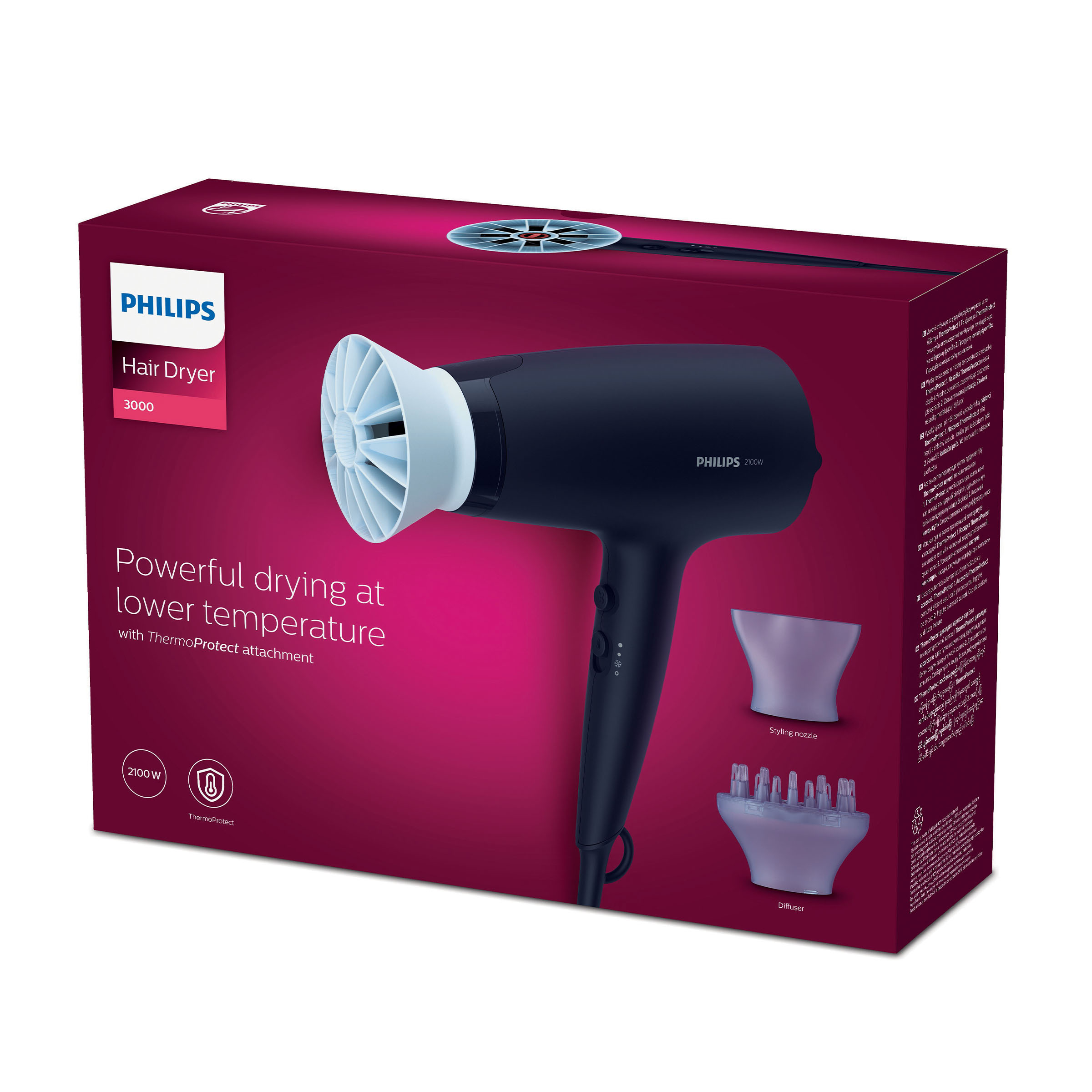 Suszarka do włosów w pudełku. Pudełko jest fioletowe i ma tekst oraz obrazy.