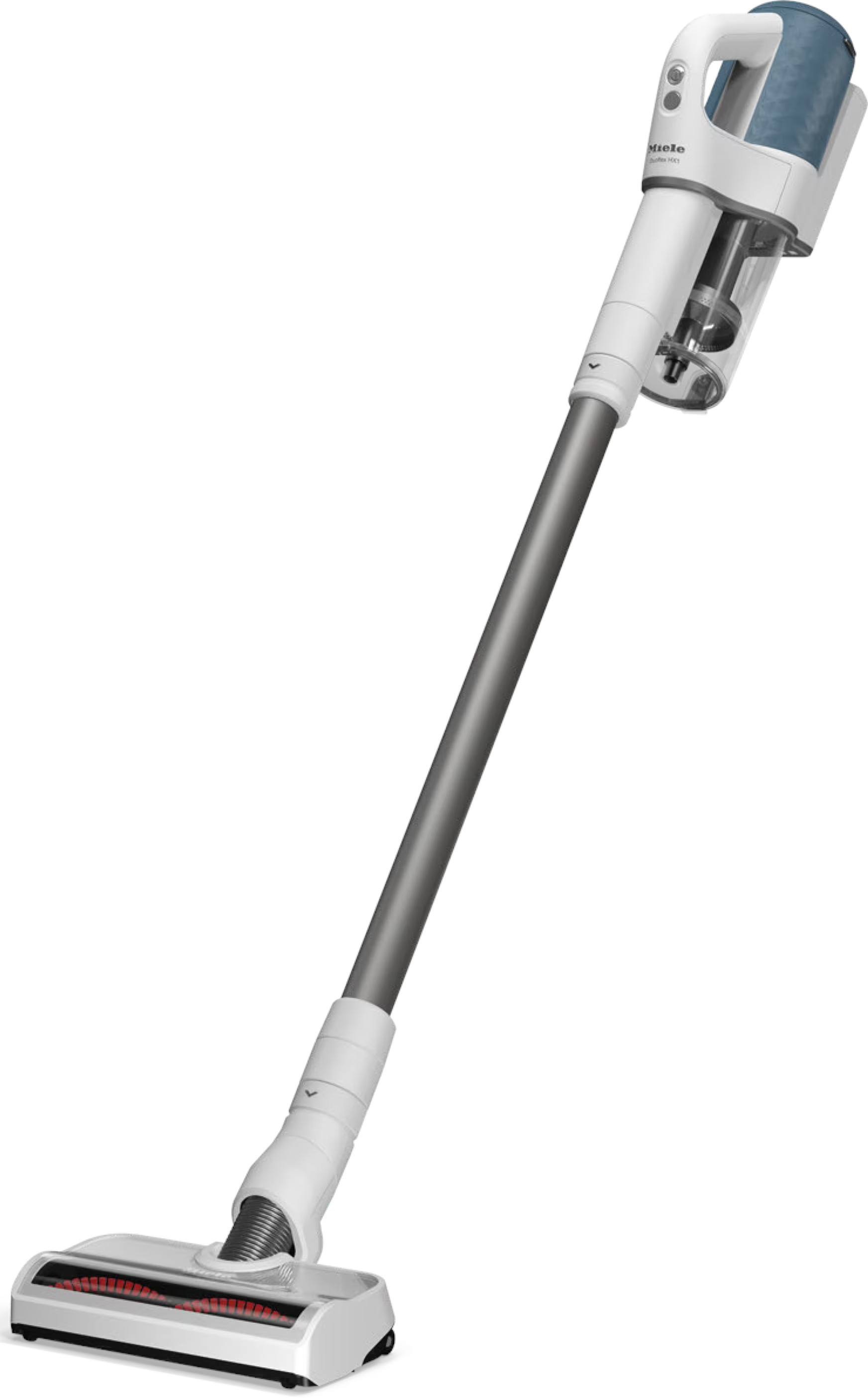 Biały bezprzewodowy odkurzacz Miele, z długim uchwytem i głowicą szczotkową.