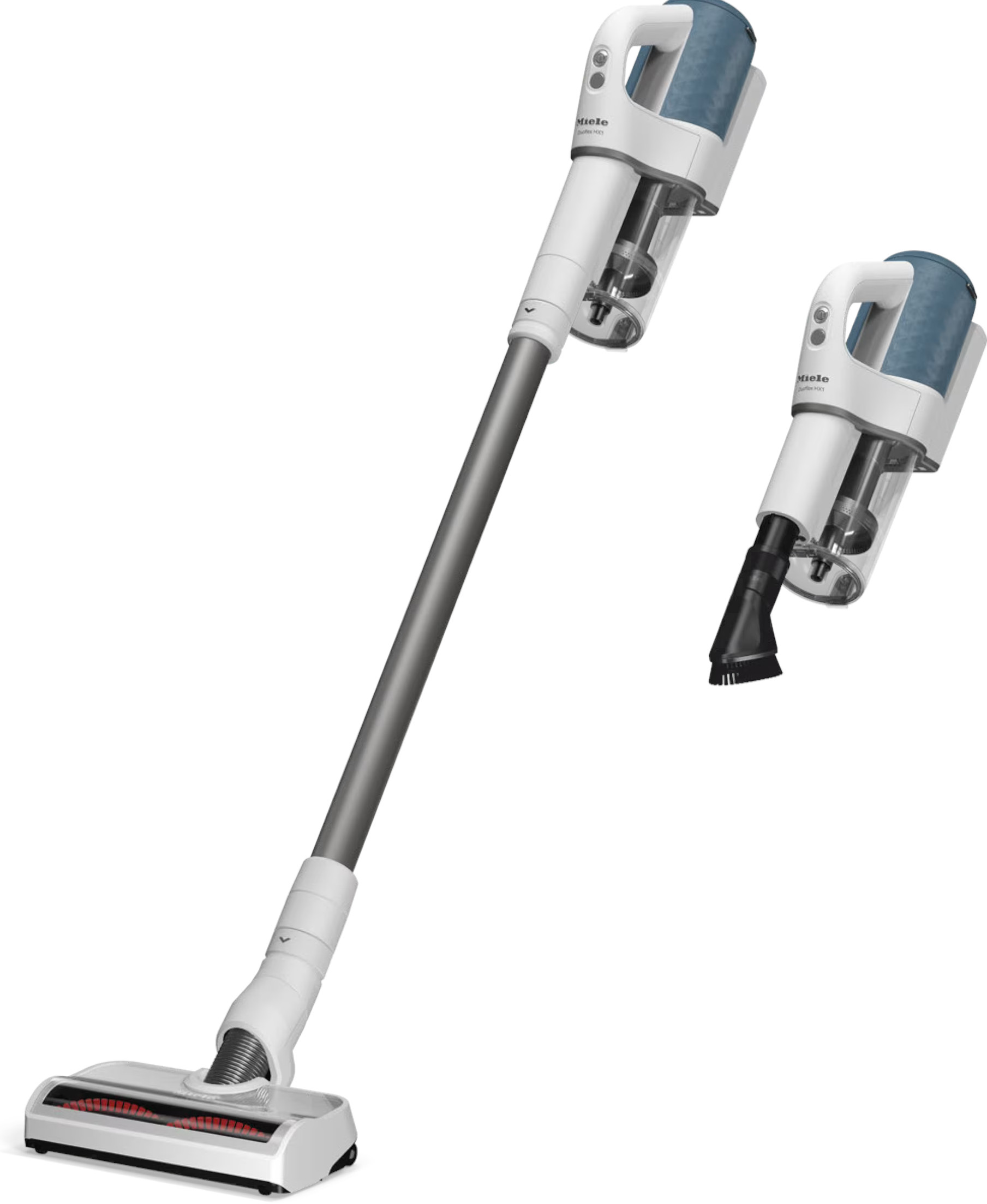 Biało-szary odkurzacz z dwoma częściami. Jedna stoi pionowo, a druga jest odłączona. Marka Miele.
