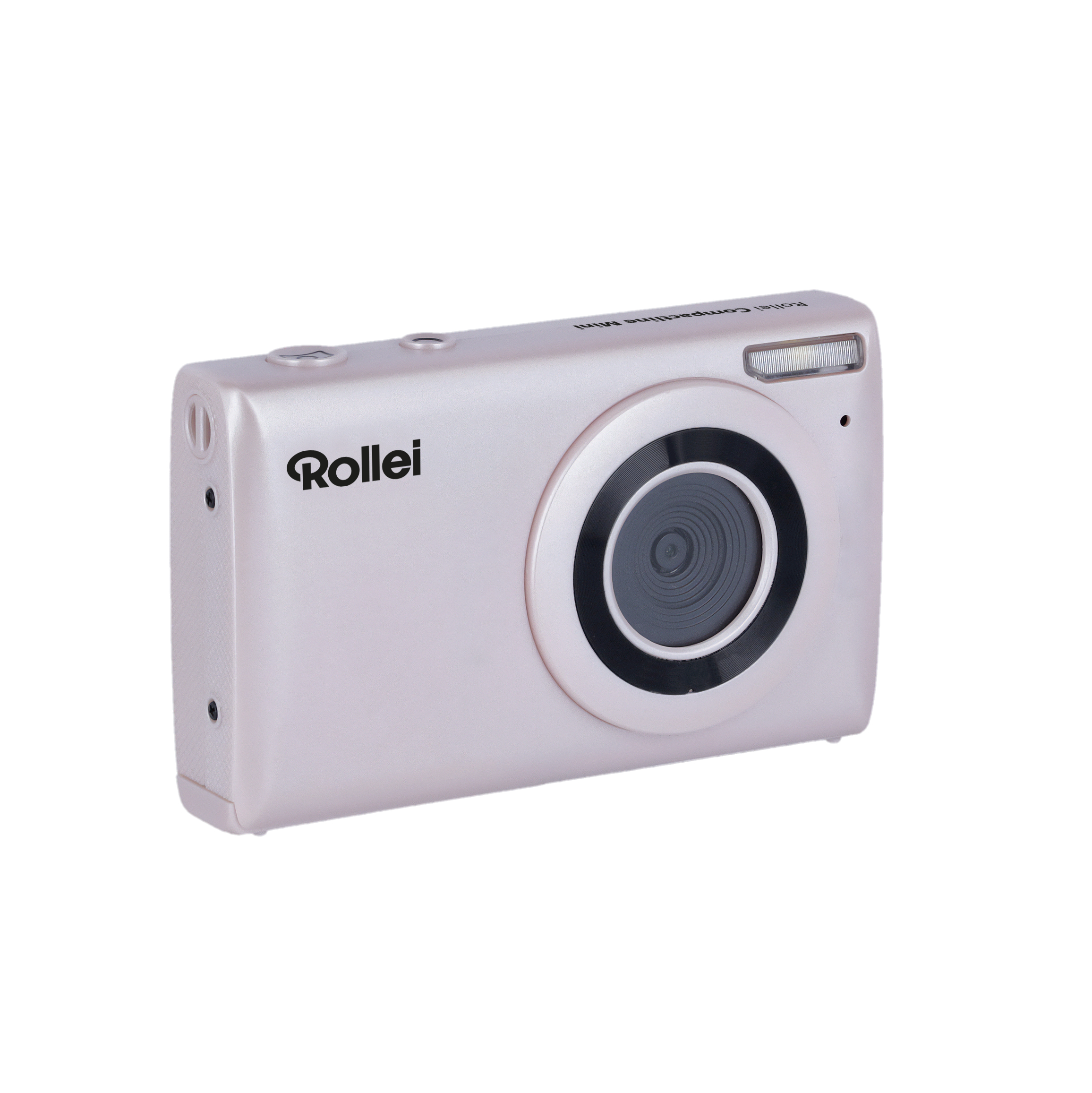 Rosafarbene Rollei-Kamera auf weißem Hintergrund, Seitenansicht.