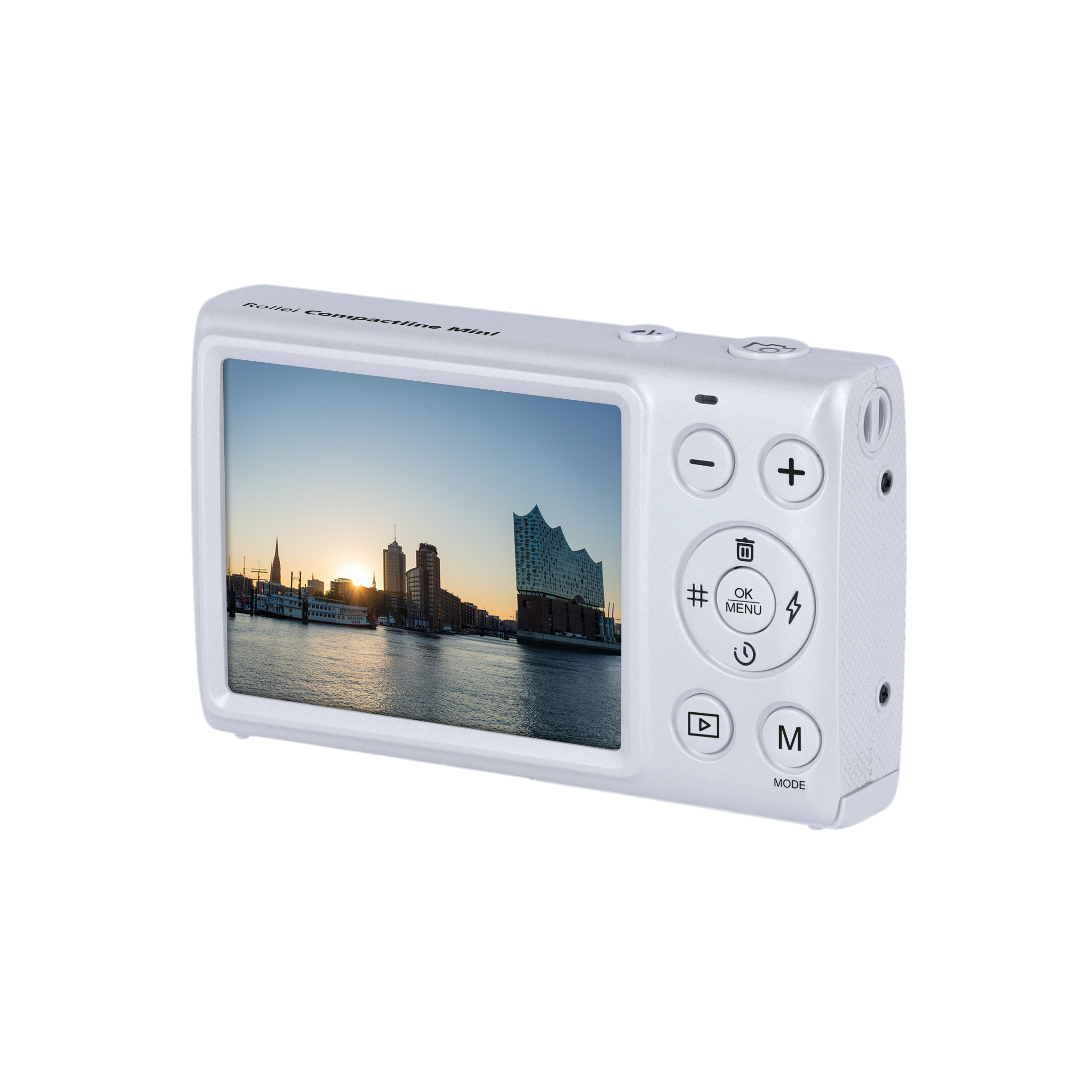 Weiße Digitalkamera mit Bildschirm, der Sonnenuntergang zeigt.