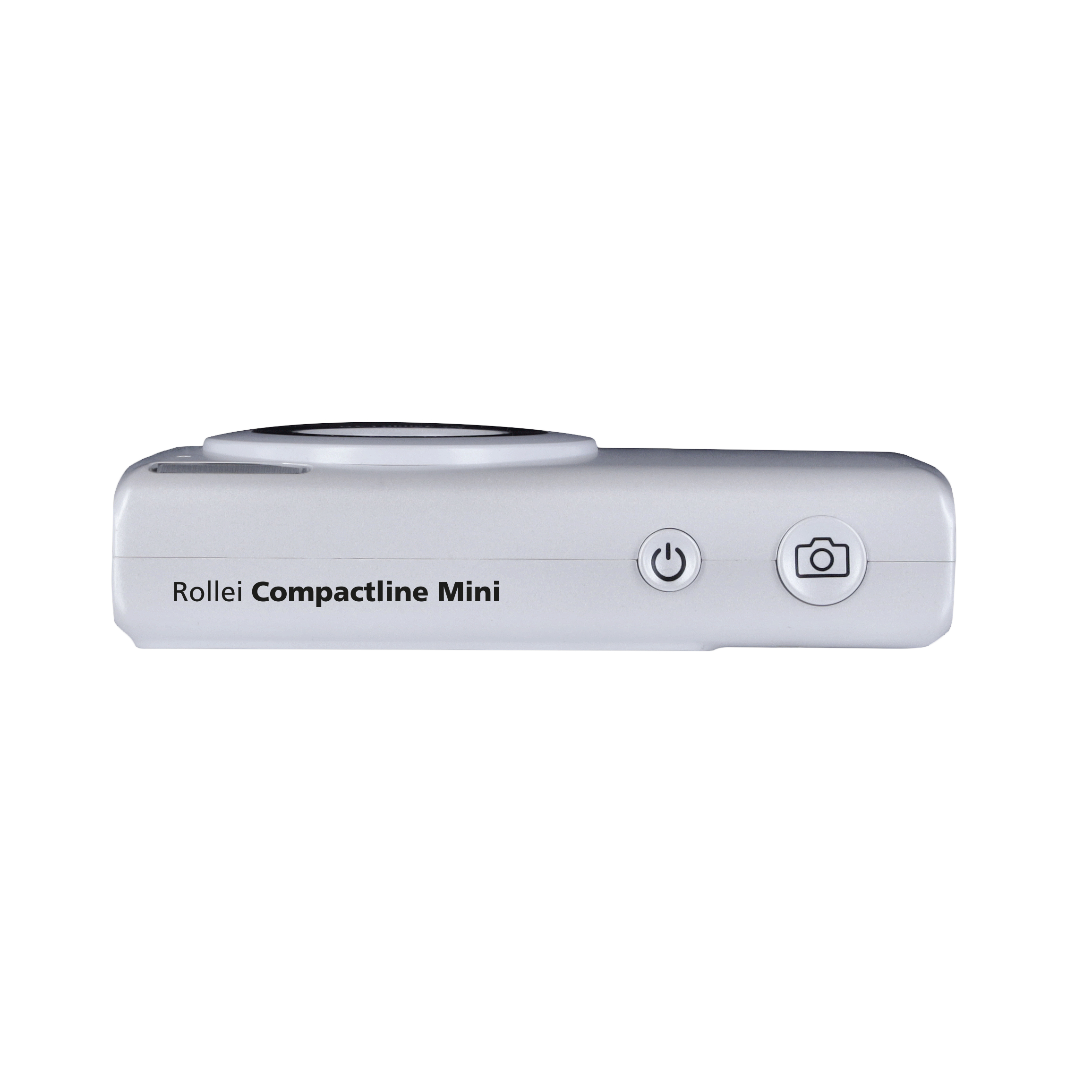 Eine kleine weiße Rollei Compactline Mini Kamera mit Ein- und Aus-Taste.
