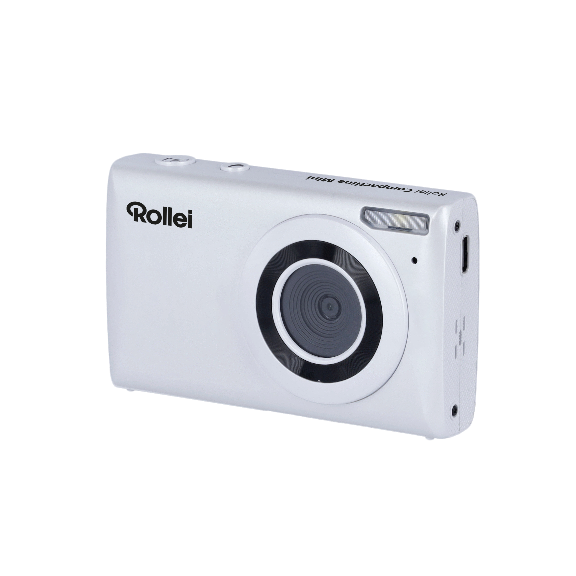 Eine weiße Rollei compactline mini Kamera, schräge Ansicht.
