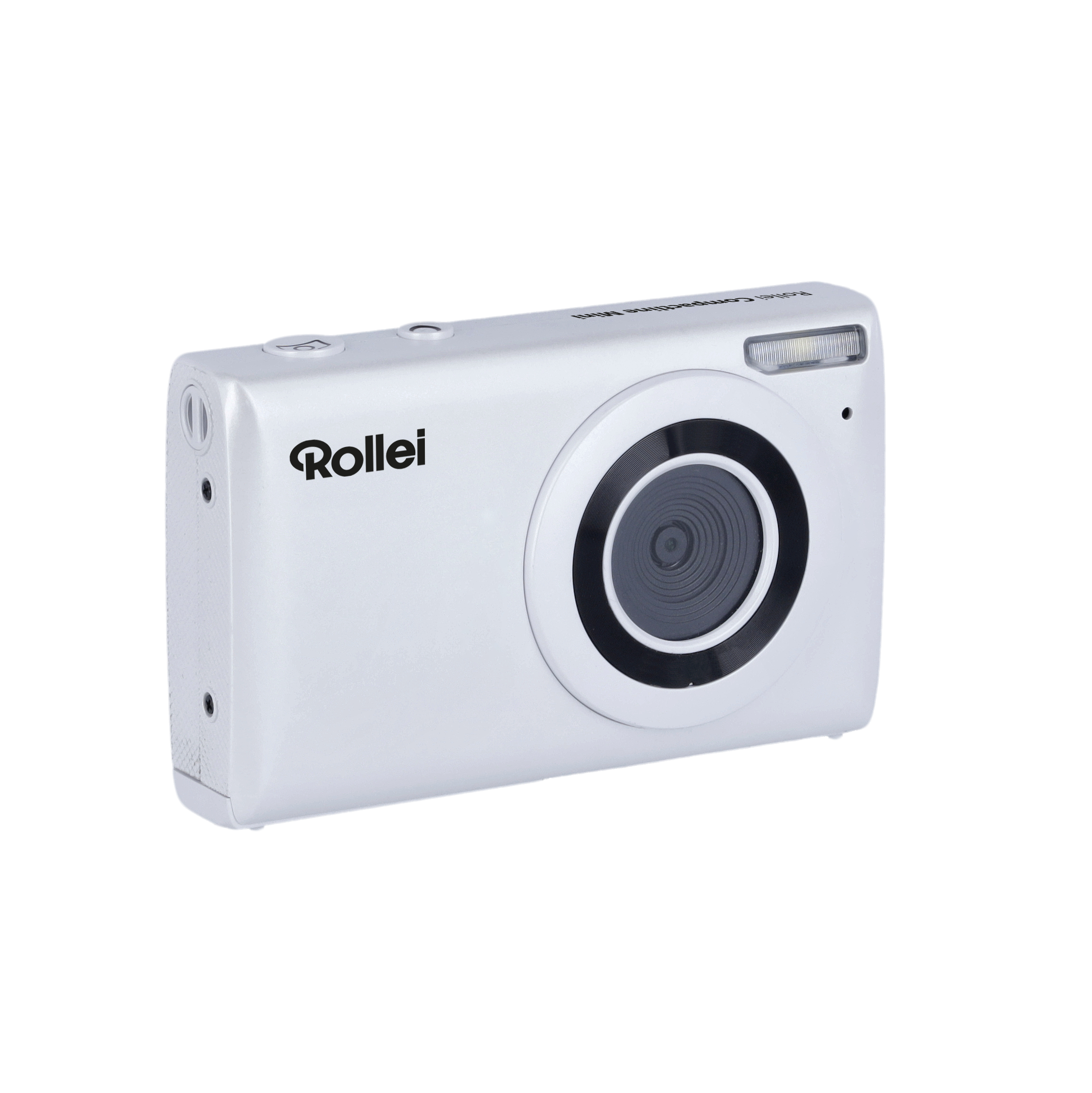 Silberne Rollei-Kamera, freigestellt auf weißem Grund, schräge Ansicht, mit Objektiv.