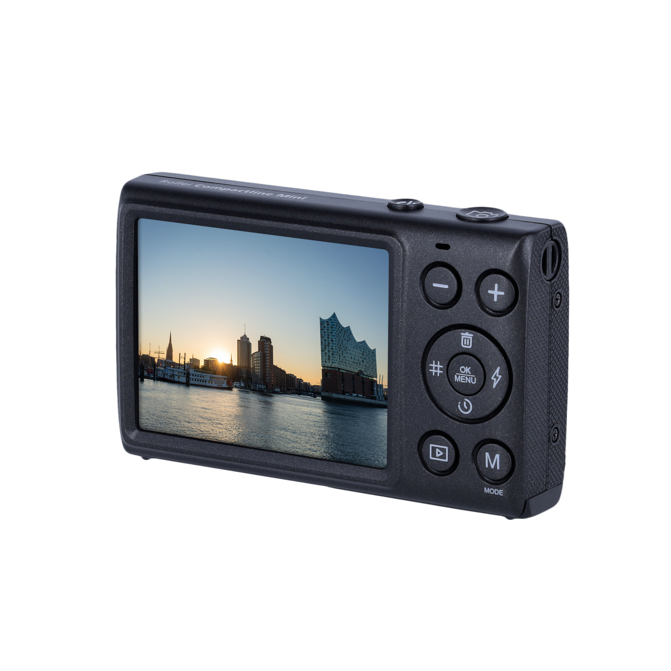 Eine schwarze Digitalkamera mit einem Bildschirm, der eine Stadtansicht bei Sonnenuntergang zeigt.
