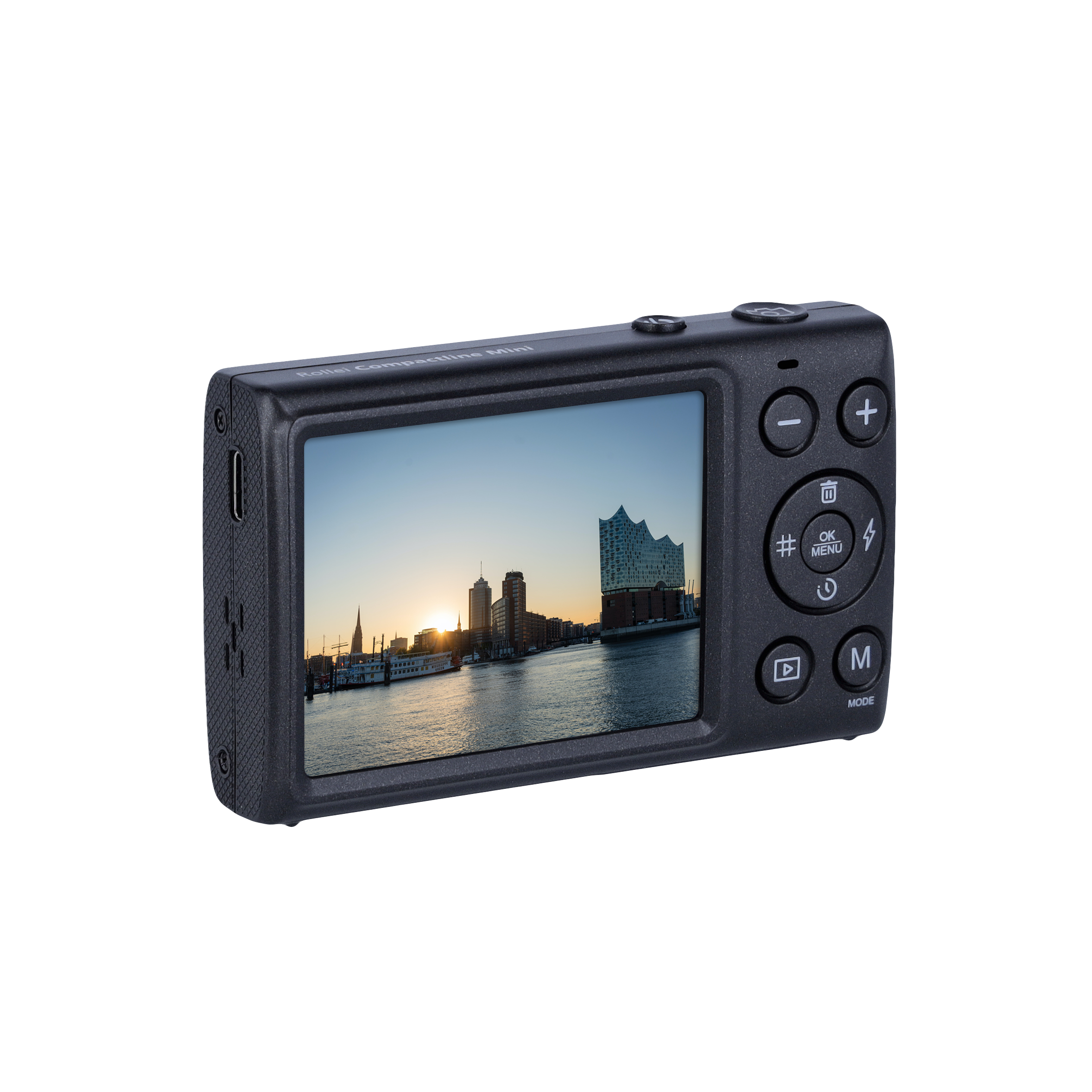 Schwarze Digitalkamera, die eine Stadtlandschaft auf dem Bildschirm zeigt. Knöpfe rechts.