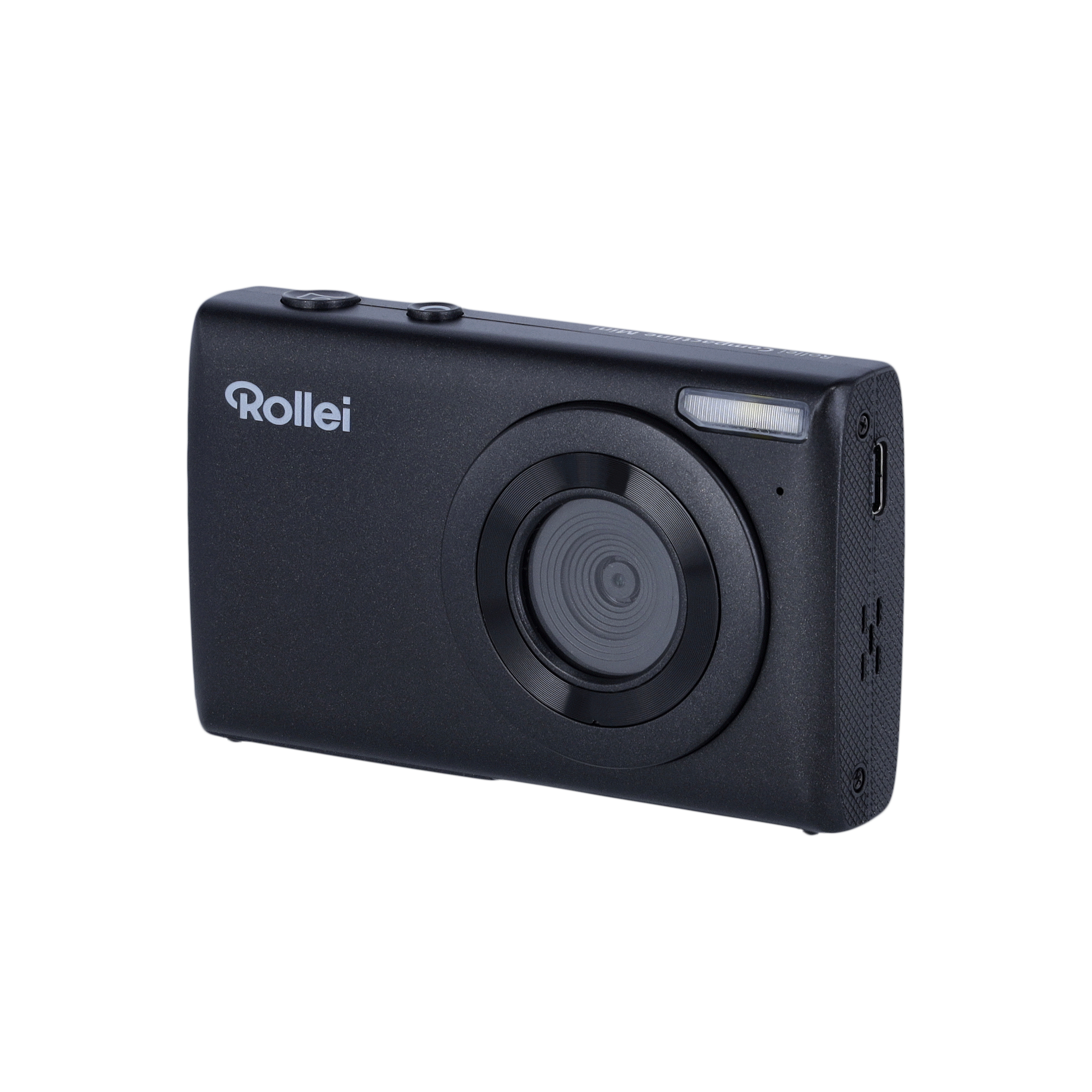 Eine schwarze Rollei Kamera ist auf weißem Hintergrund isoliert, zeigt das Objektiv und den Blitz.