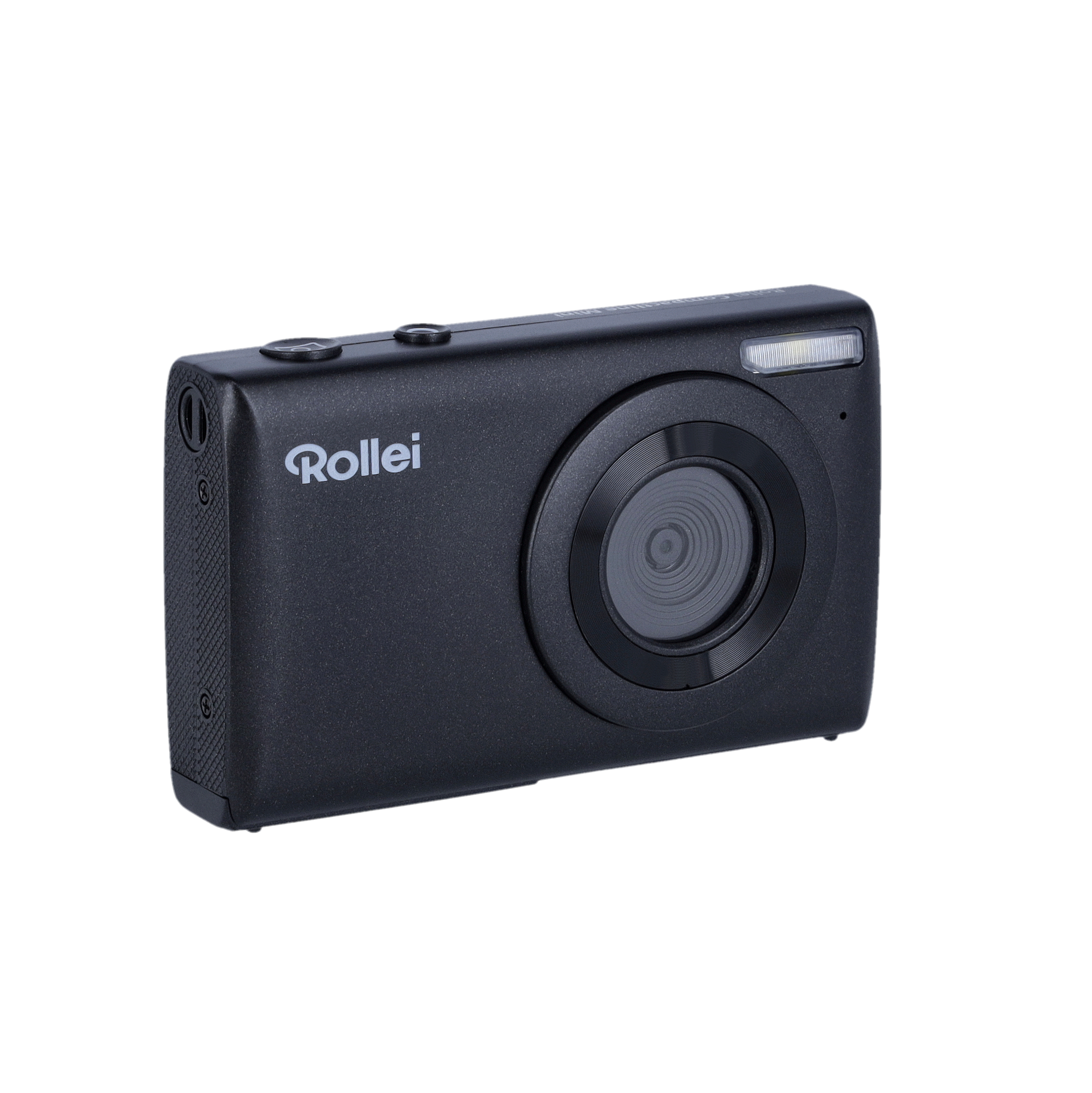Schwarze Rollei Kamera auf weißem Hintergrund. Sie hat ein Objektiv, einen Blitz und das Rollei Logo.