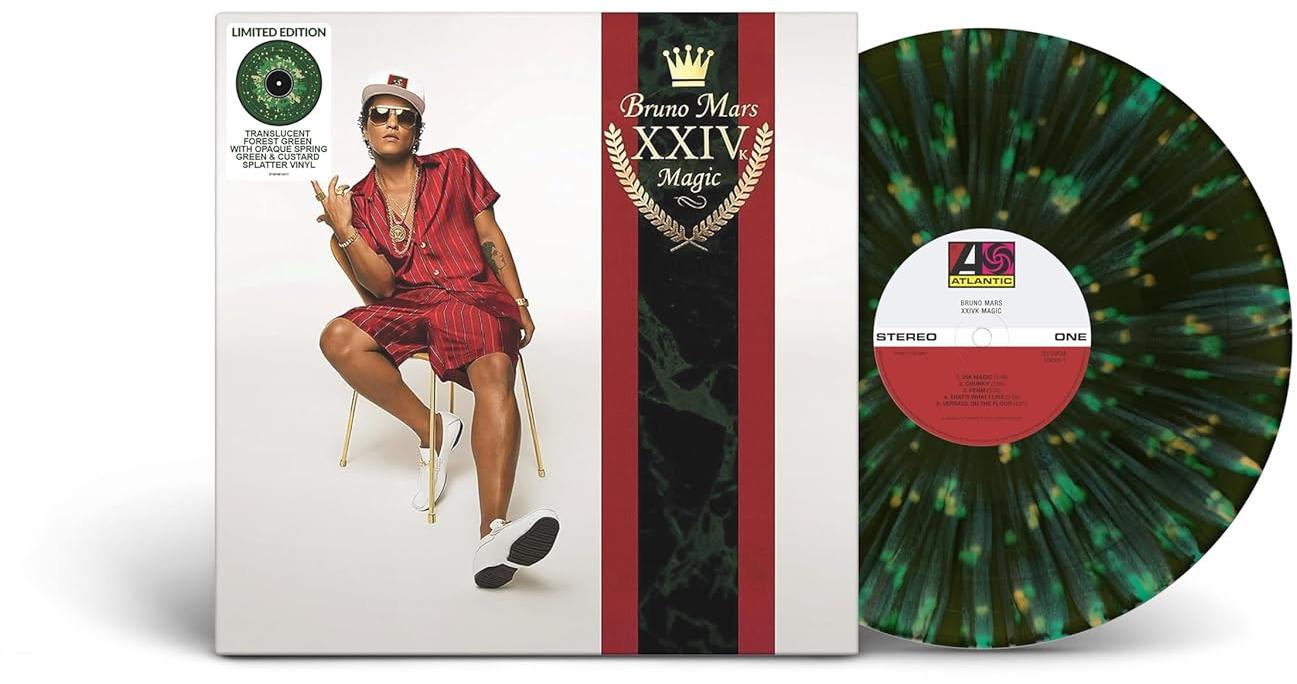 Album borító: Bruno Mars bakelit lemezzel. Zöld és fekete pettyes bakelit lemez.