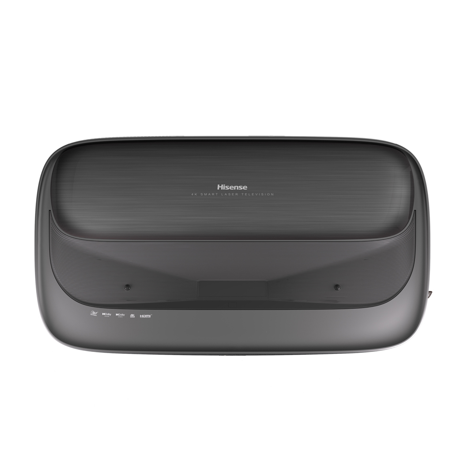 Televisore laser intelligente Hisense 4K nero isolato su bianco.