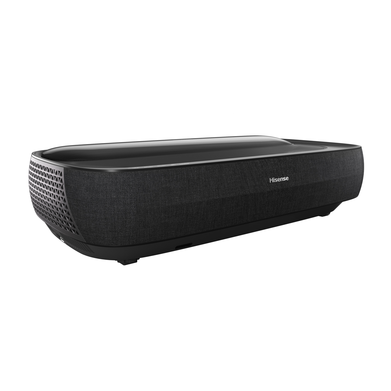 Proiettore Hisense nero su sfondo bianco. Ha un design elegante con la parte superiore arrotondata.