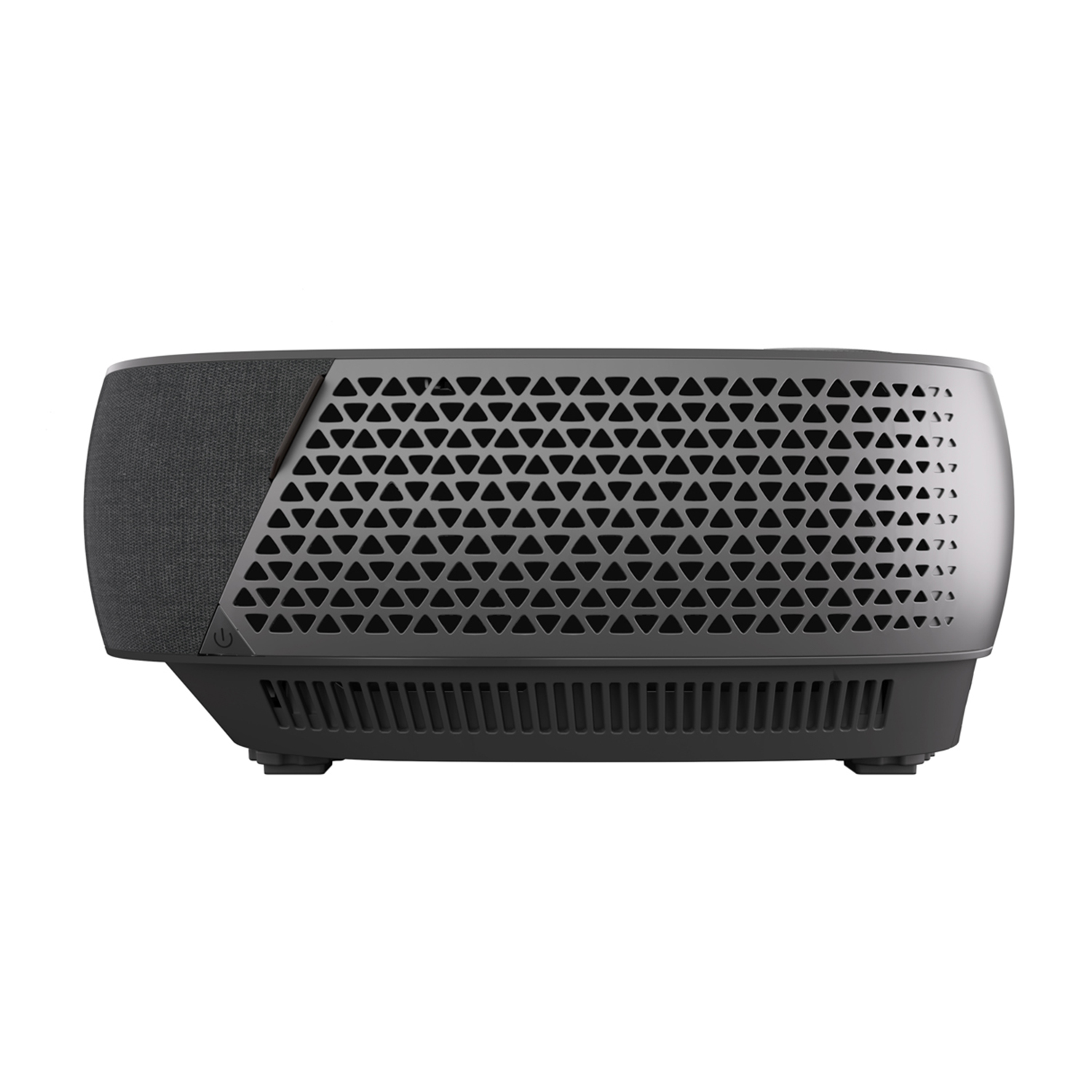 Un proiettore nero con frontale argentato e griglia di ventilazione. Su sfondo bianco.
