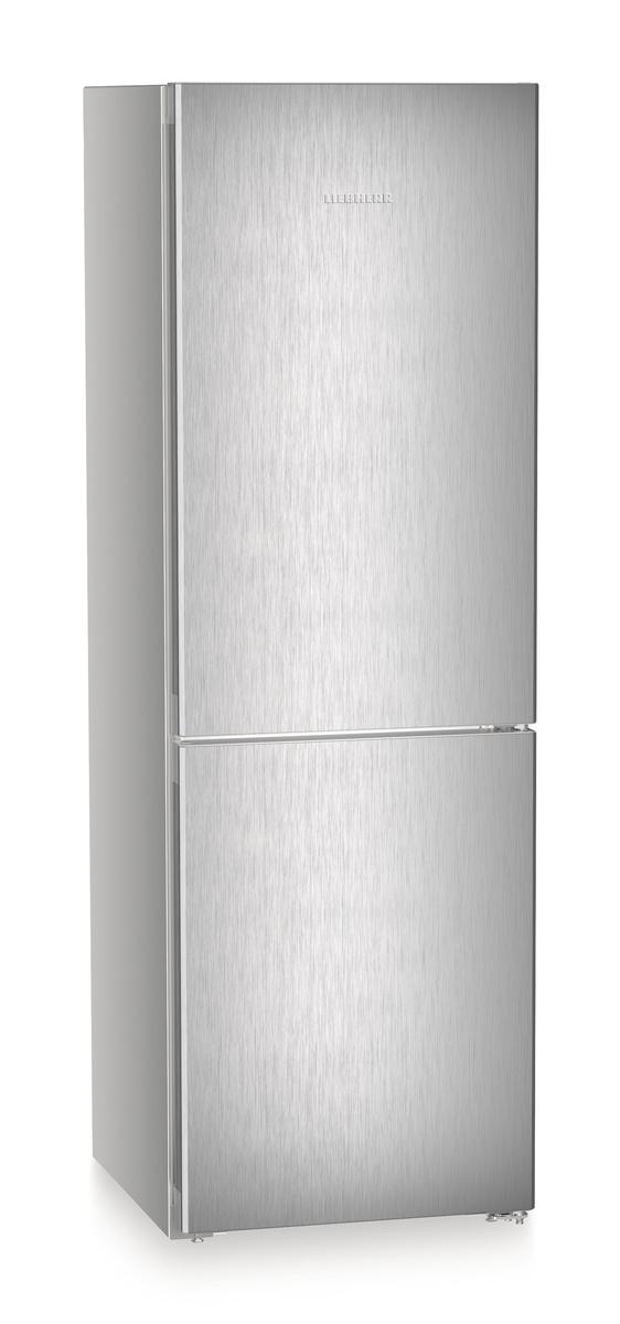 Edelstahl-Kühlschrank, zwei Türen. Liebherr-Logo oben.