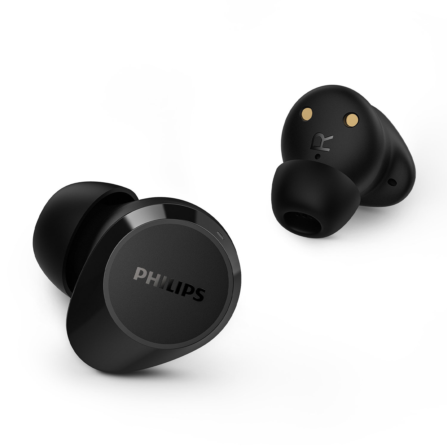Due auricolari wireless neri. Uno mostra la lettera R sul lato...