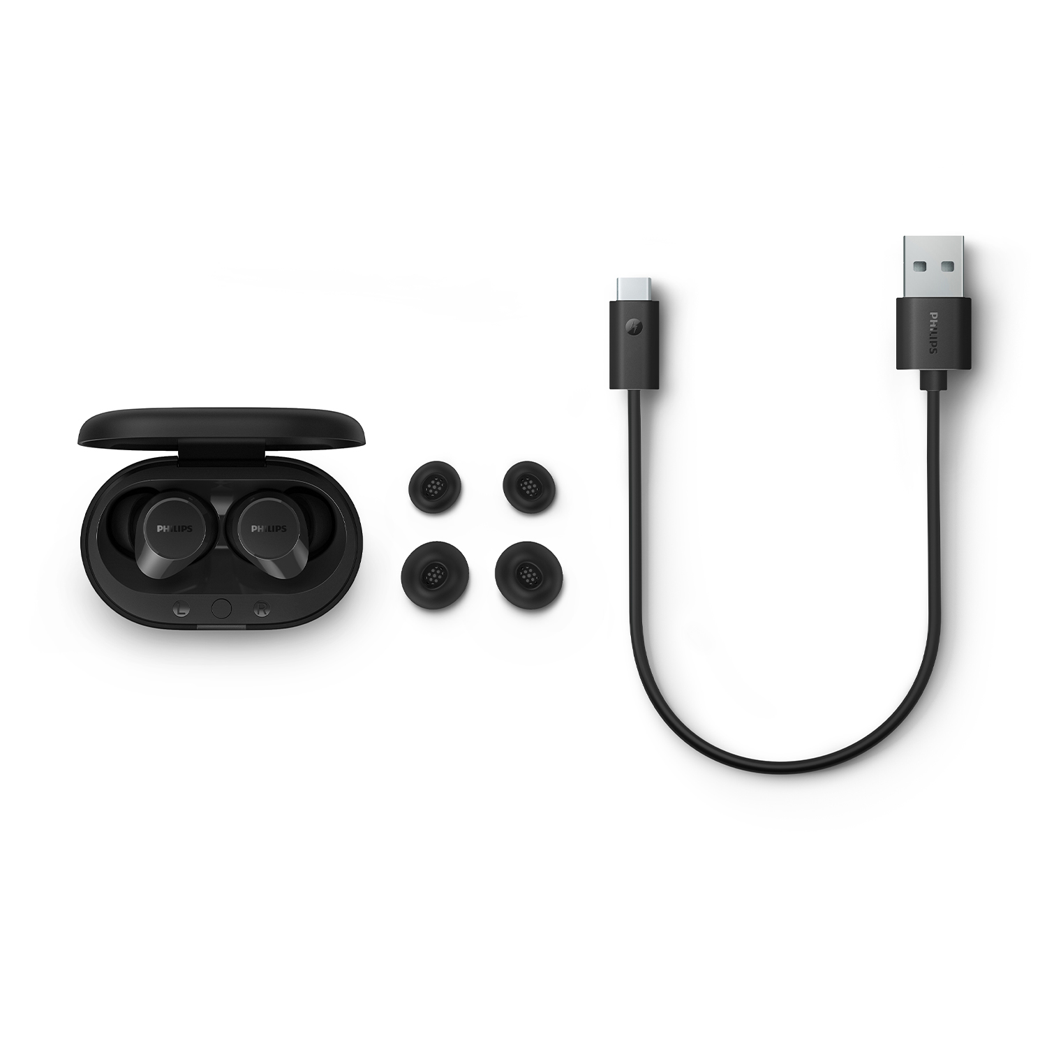 Auricolari wireless Philips neri con custodia di ricarica, punte e cavo USB.