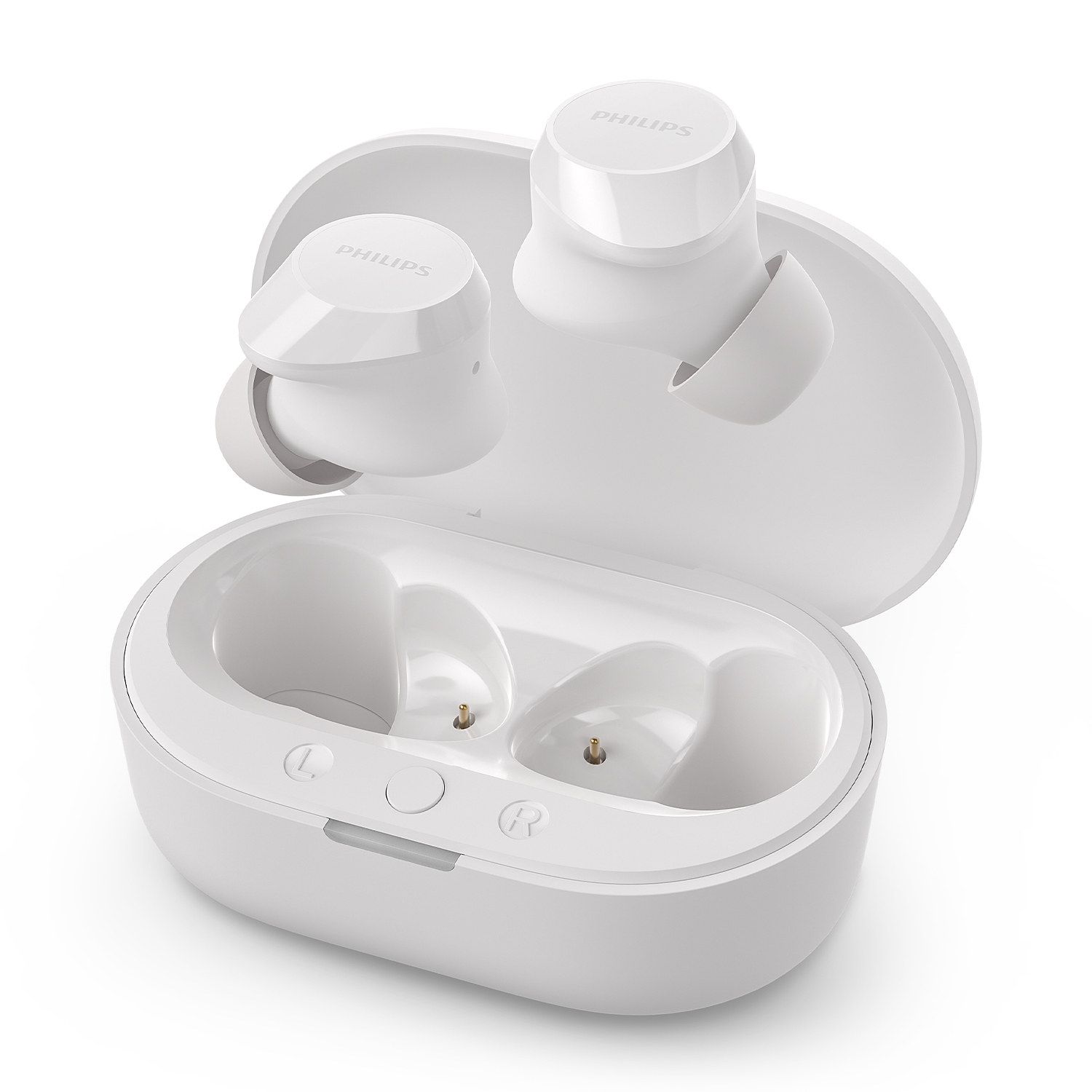 Auricolari e custodia di ricarica Philips bianchi su sfondo bianco.