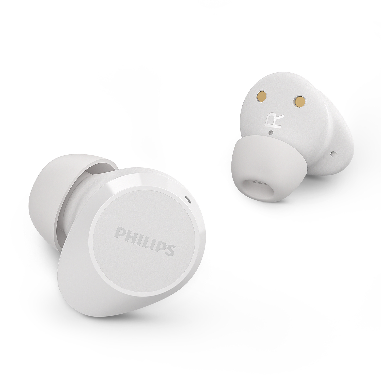 Due auricolari bianchi, uno con il logo Philips e l'altro con la 'R'.