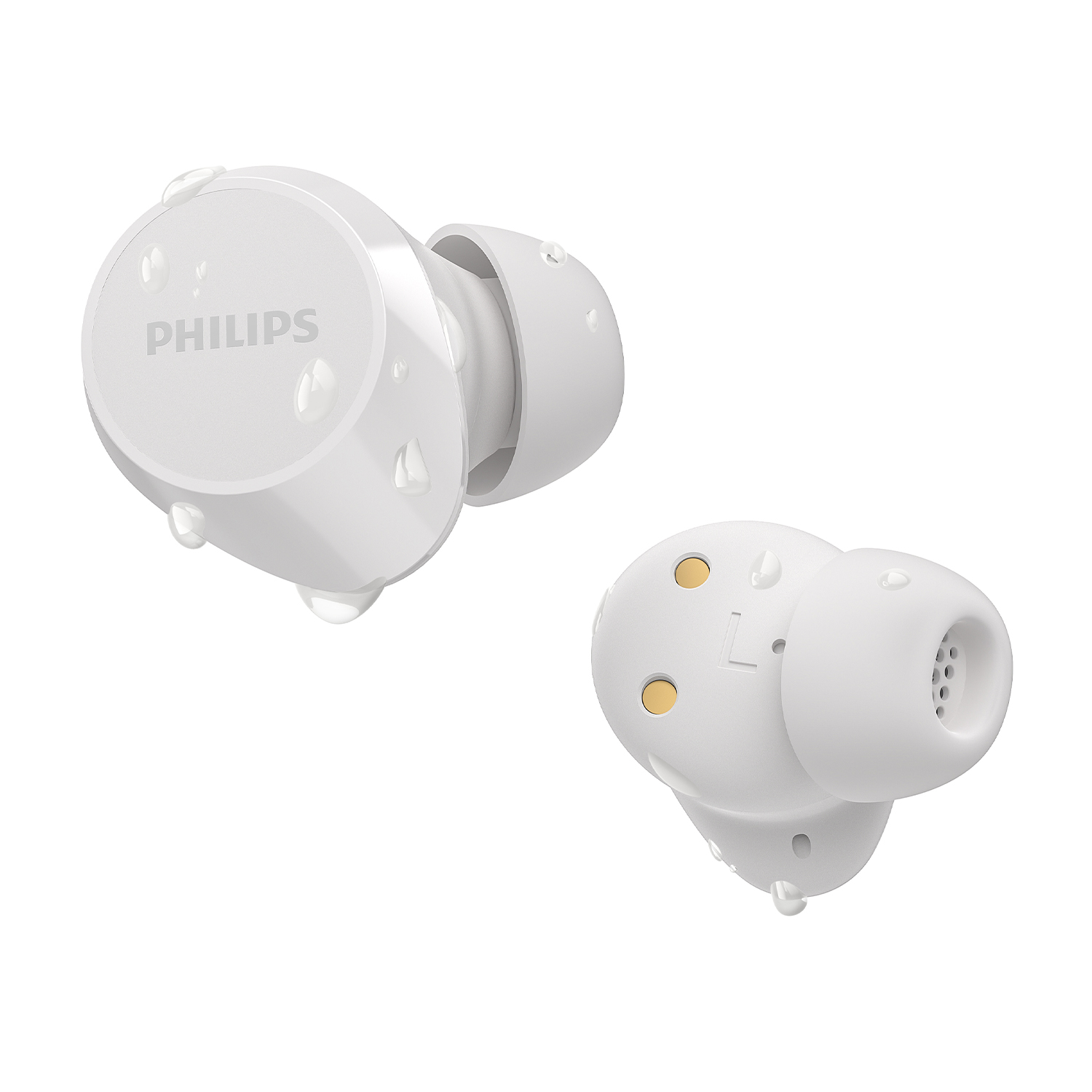 Due auricolari wireless bianchi, con goccioline d'acqua sopra.