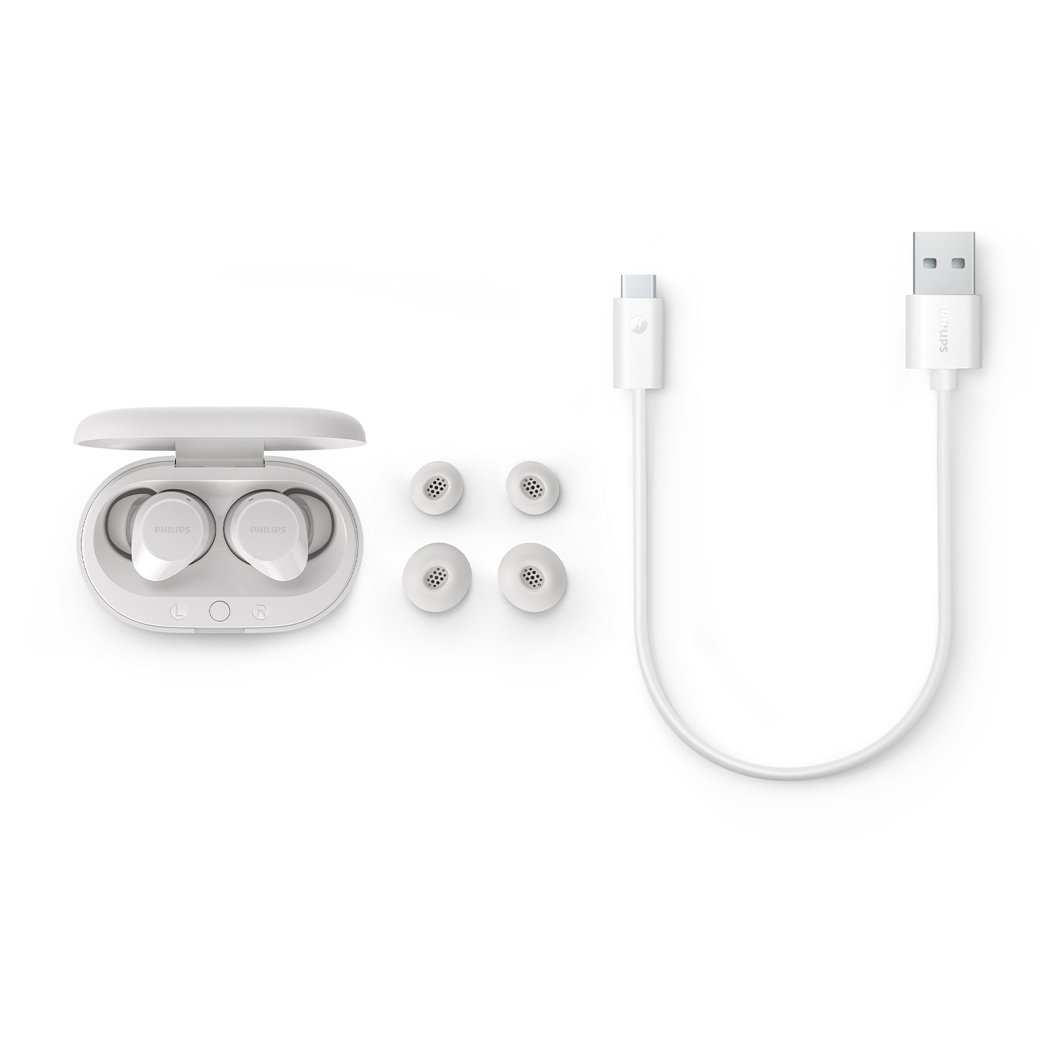 Set auricolari bianchi, custodia di ricarica e punte extra con cavo USB bianco.