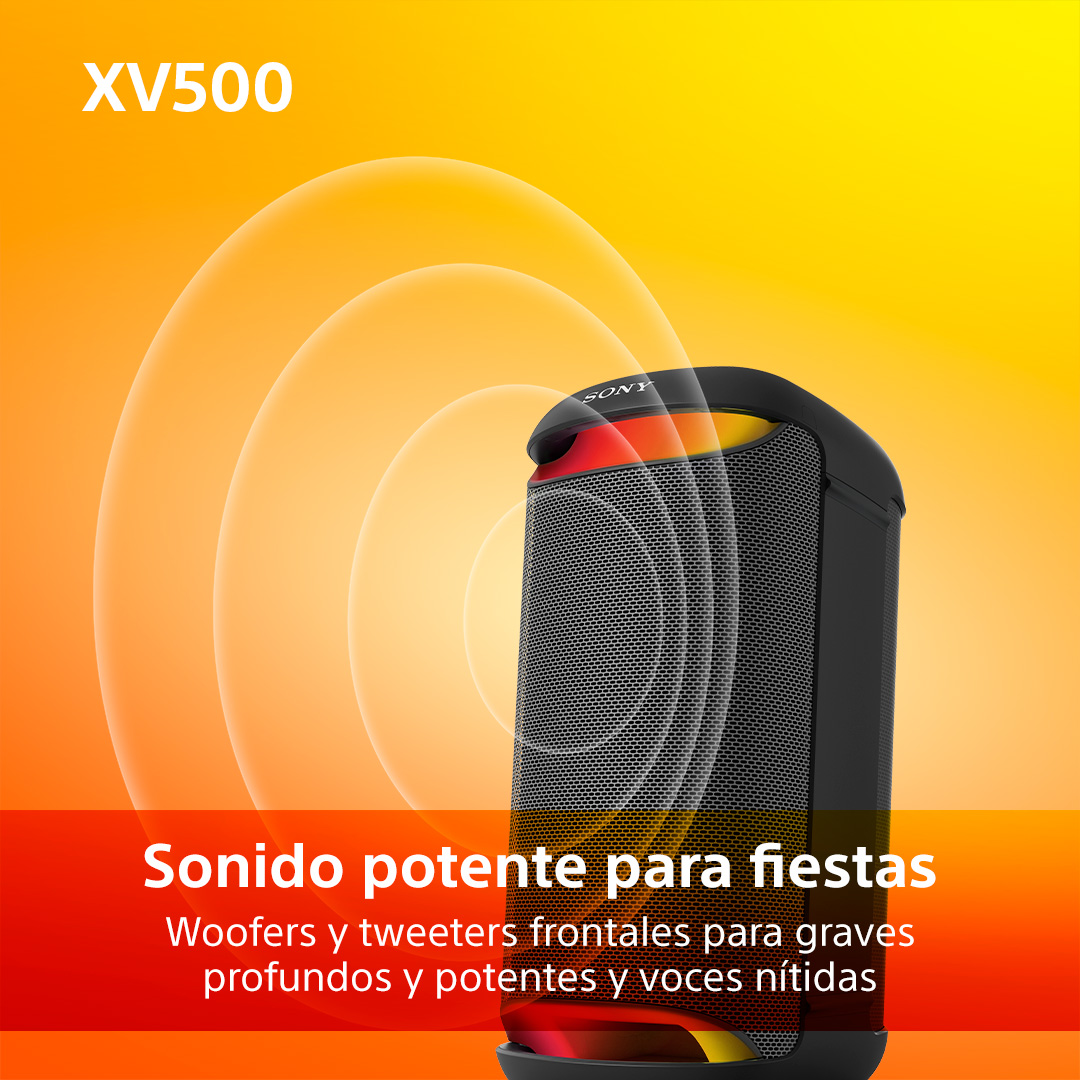 Altavoz negro con luces rojas, amarillas, rodeado de ondas sonoras.
