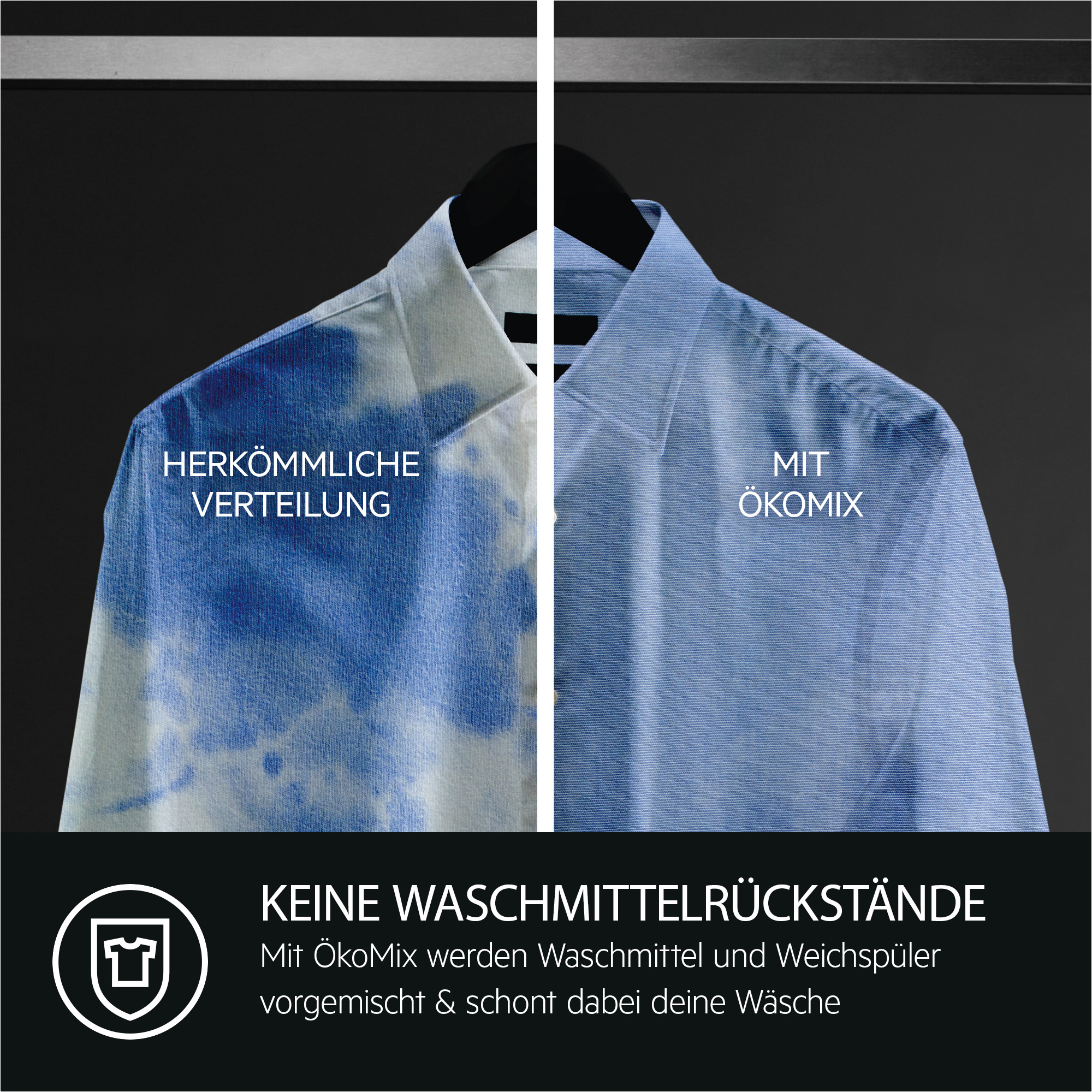 Zwei Hemden, eines mit Waschmittelrückständen, das andere sauber. Text: Keine Waschmittelrückstände.