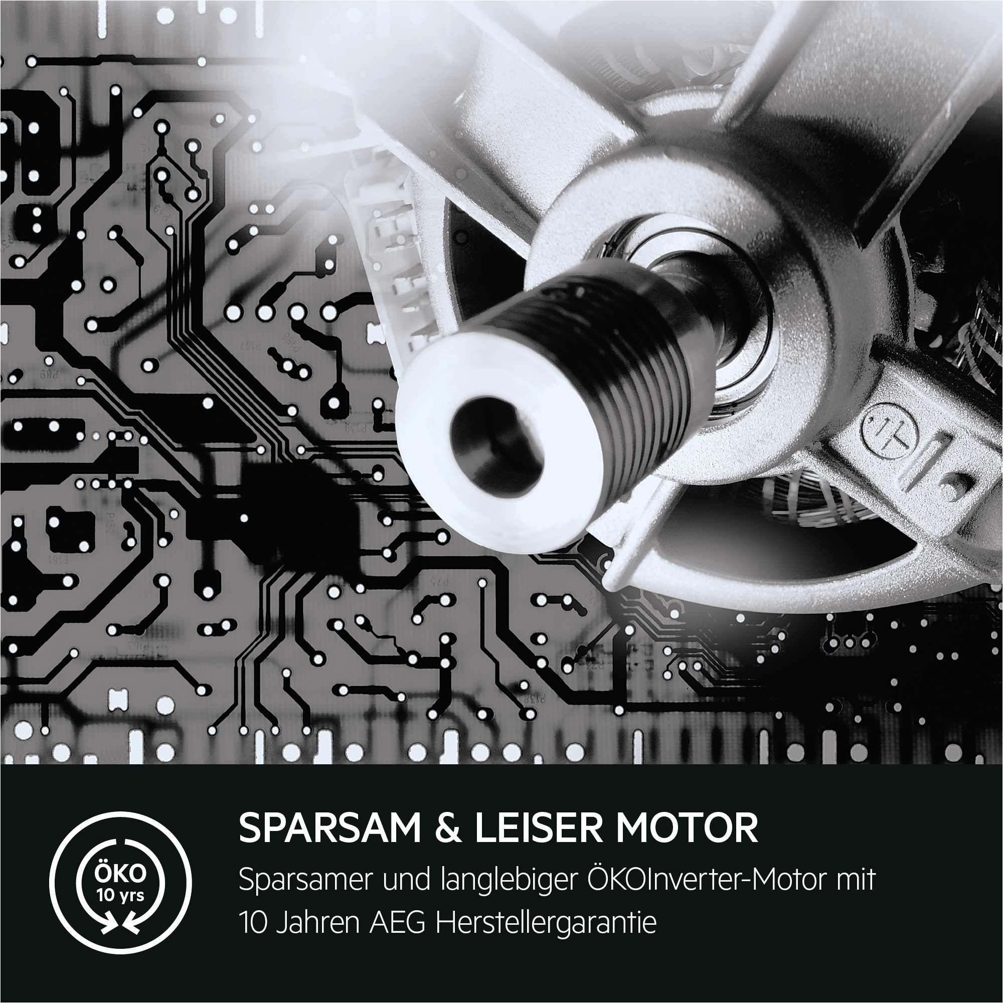 Nahaufnahme eines Waschmaschinenteils mit Text: SPARSA & LEISER MOTOR.