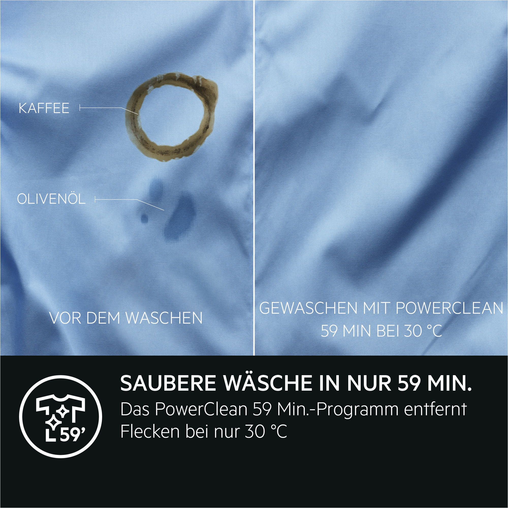 Zwei Bilder: ein Hemd mit Flecken und ein sauberes nach dem Waschen. Text darunter.