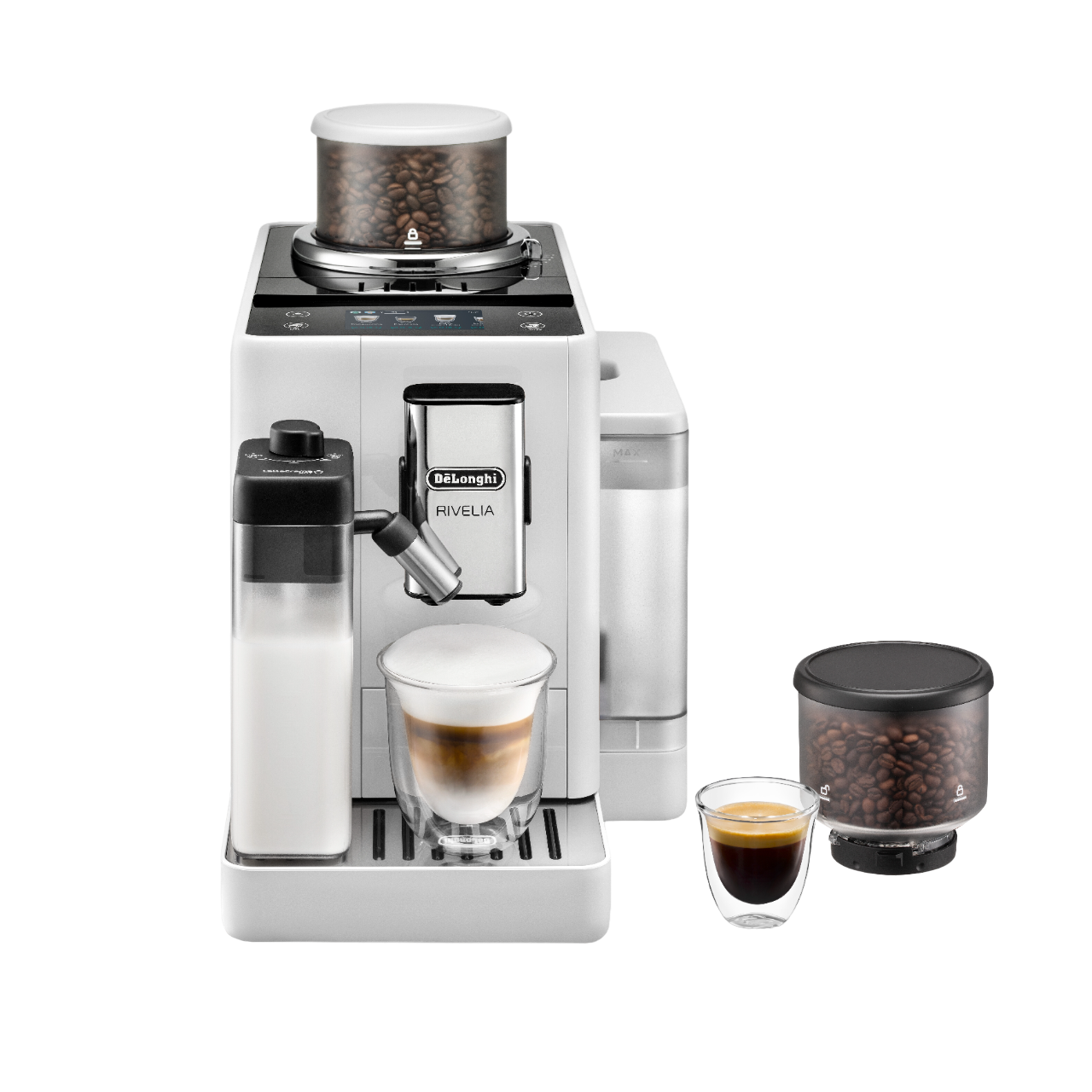 Eine weiße und silberne Delonghi Rivelia Kaffeemaschine mit Milchbehälter und Kaffeebohnen.