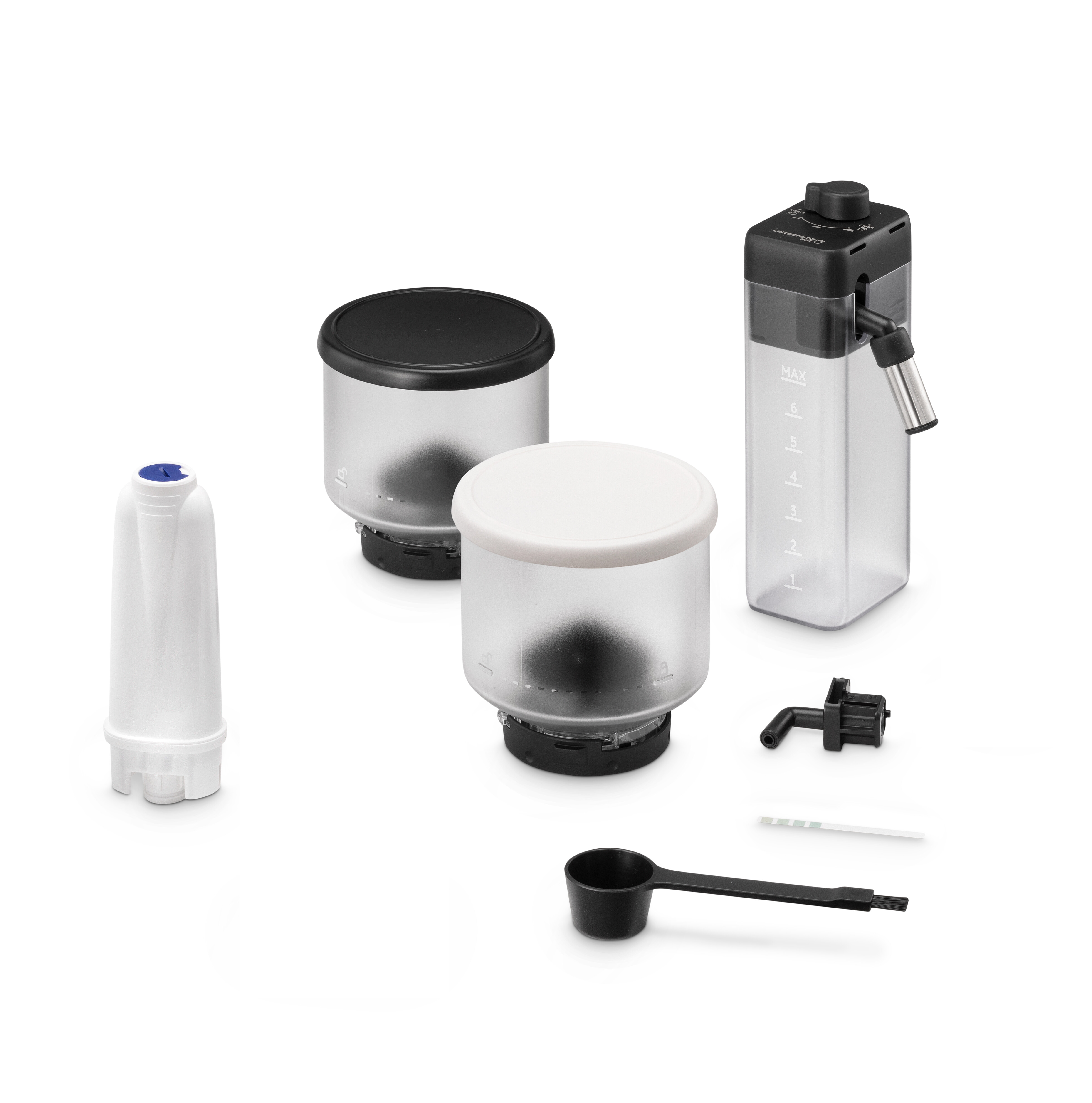 Kaffeemaschinenteile: Wassertank, Filter und anderes Zubehör.