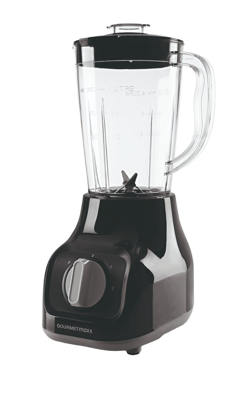 Schwarzer Mixer mit transparentem Behälter, Griff und Drehknopf. Weißer Hintergrund.