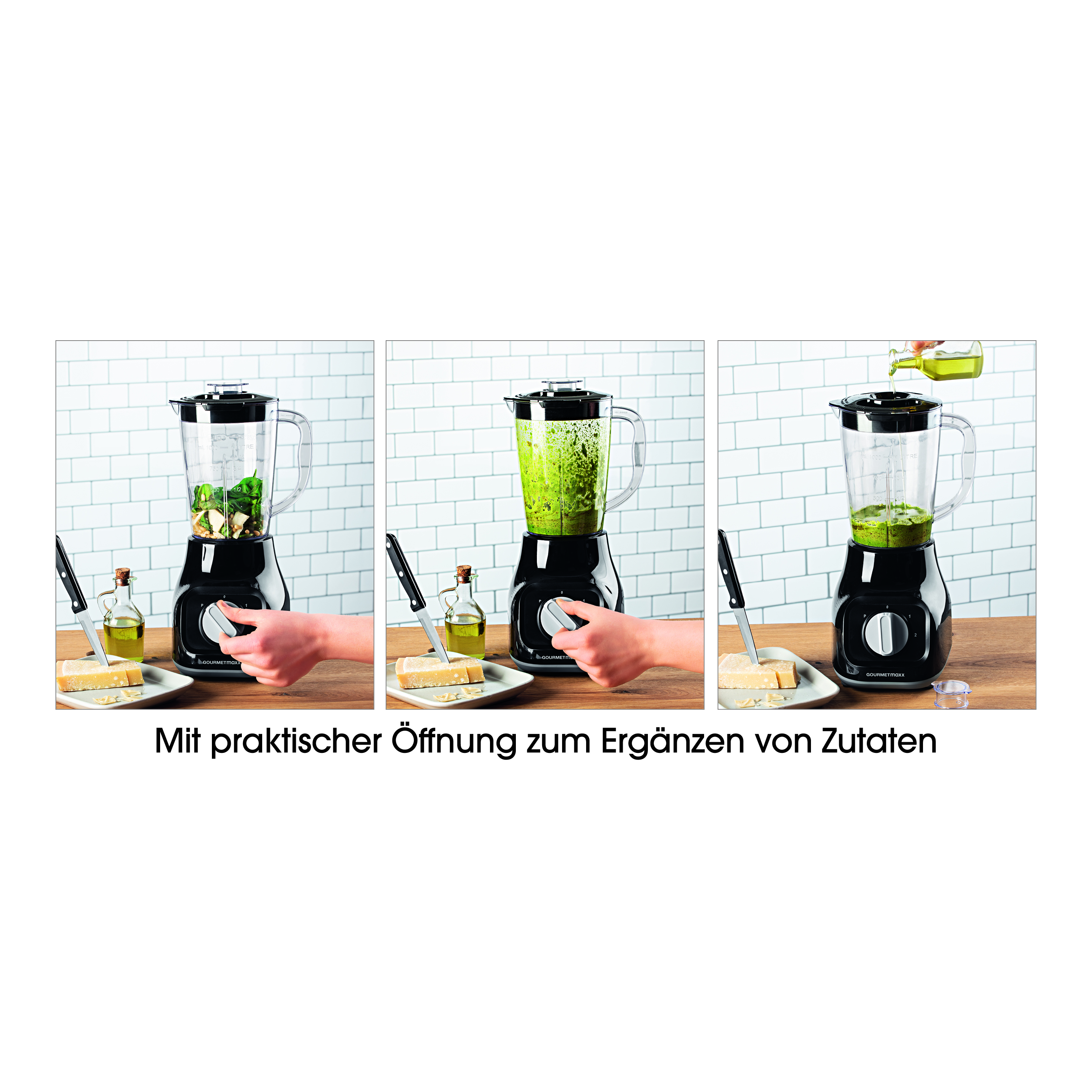 Drei Fotos zeigen die Zubereitung von Pesto mit einem schwarzen Mixer.