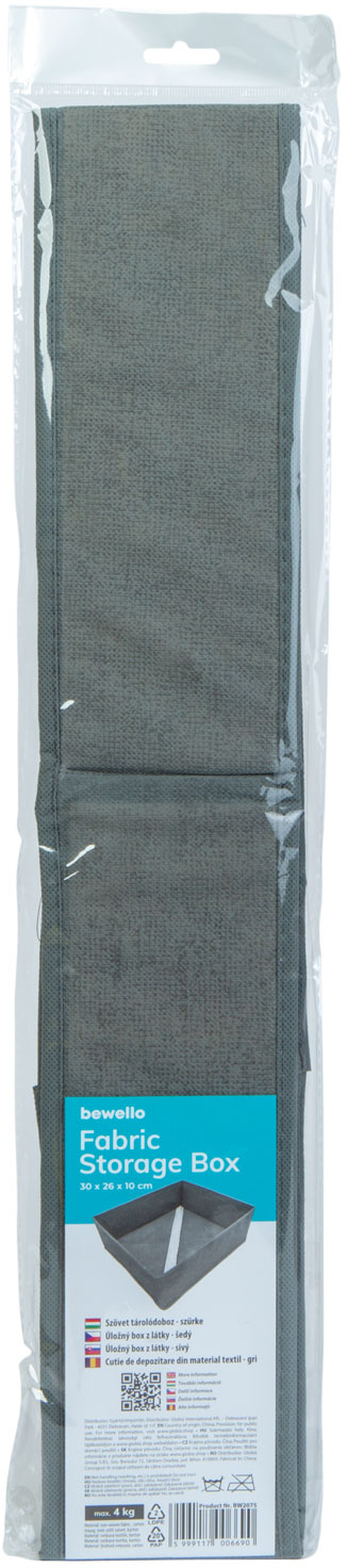 Szövet tárolódoboz műanyagban. 'Fabric Storage Box' felirat és különböző nyelvi zászlók.