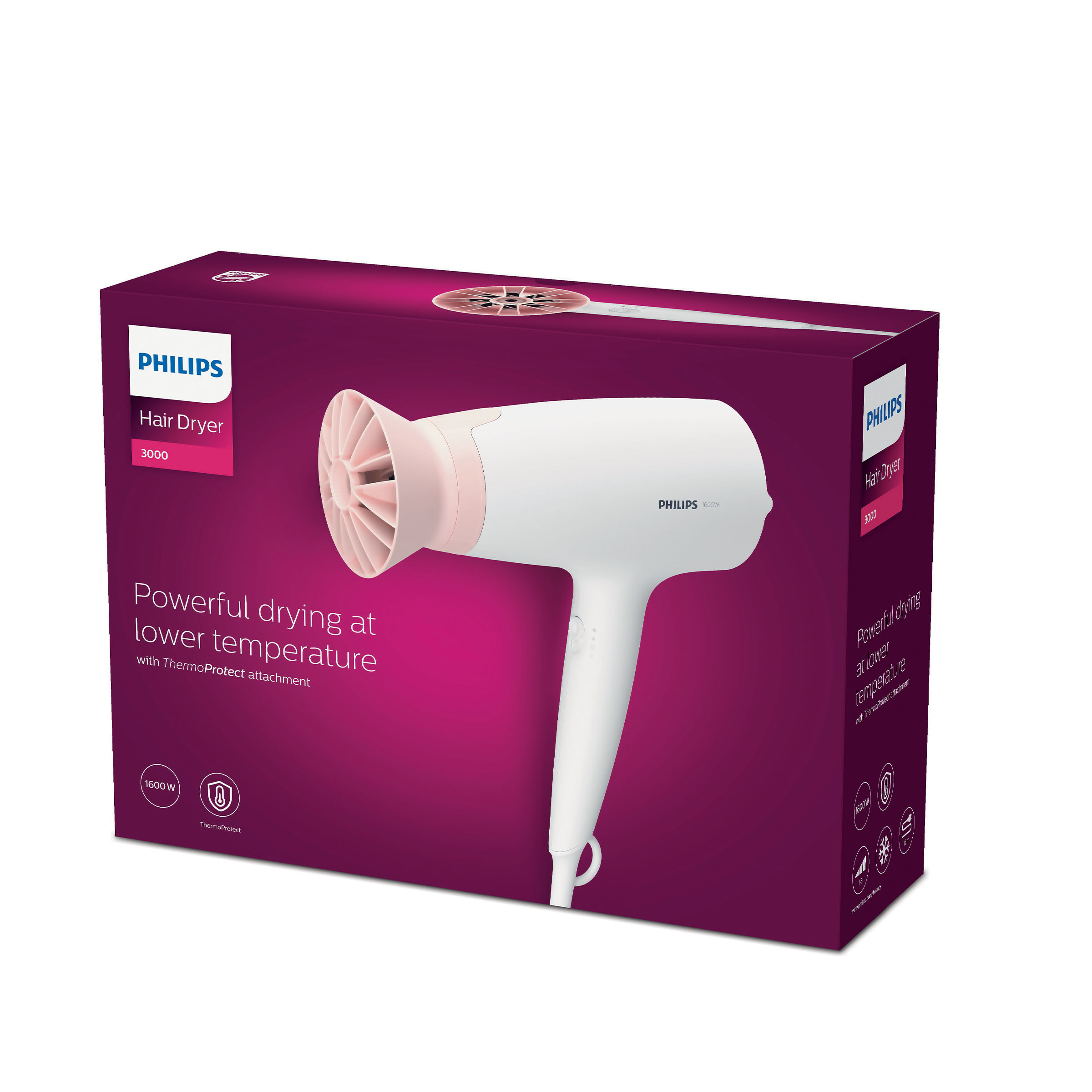 Suszarka do włosów Philips w różowo-białym pudełku. Tekst na pudełku.