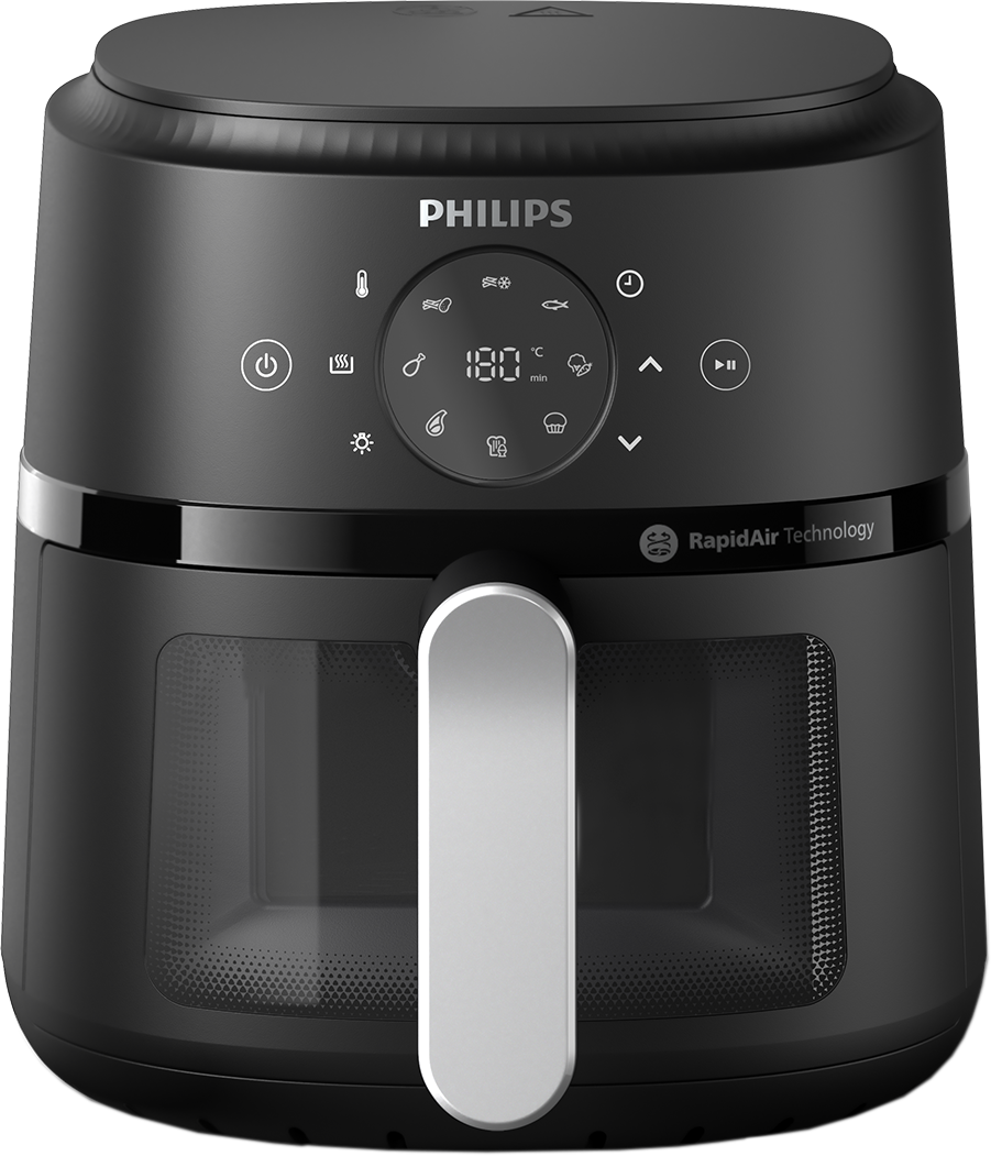 Fekete Philips légkeveréses sütő. Digitális kijelzős vezérlőpanel. Ezüst fogantyú elöl.
