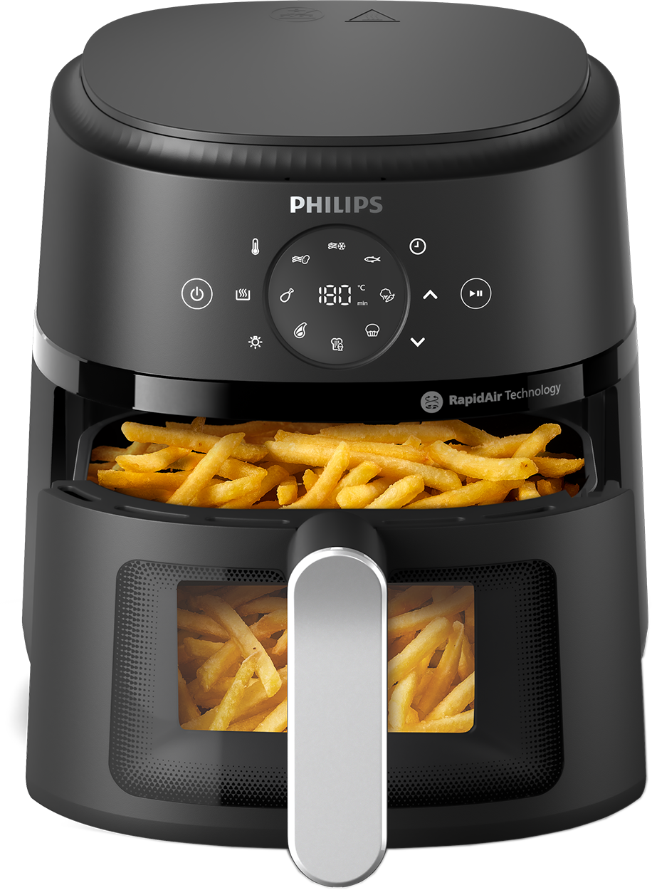 Fekete Philips légkeveréses fritőz, benne látható sült krumplival, beállítások kijelzővel és vezérlőgombokkal.