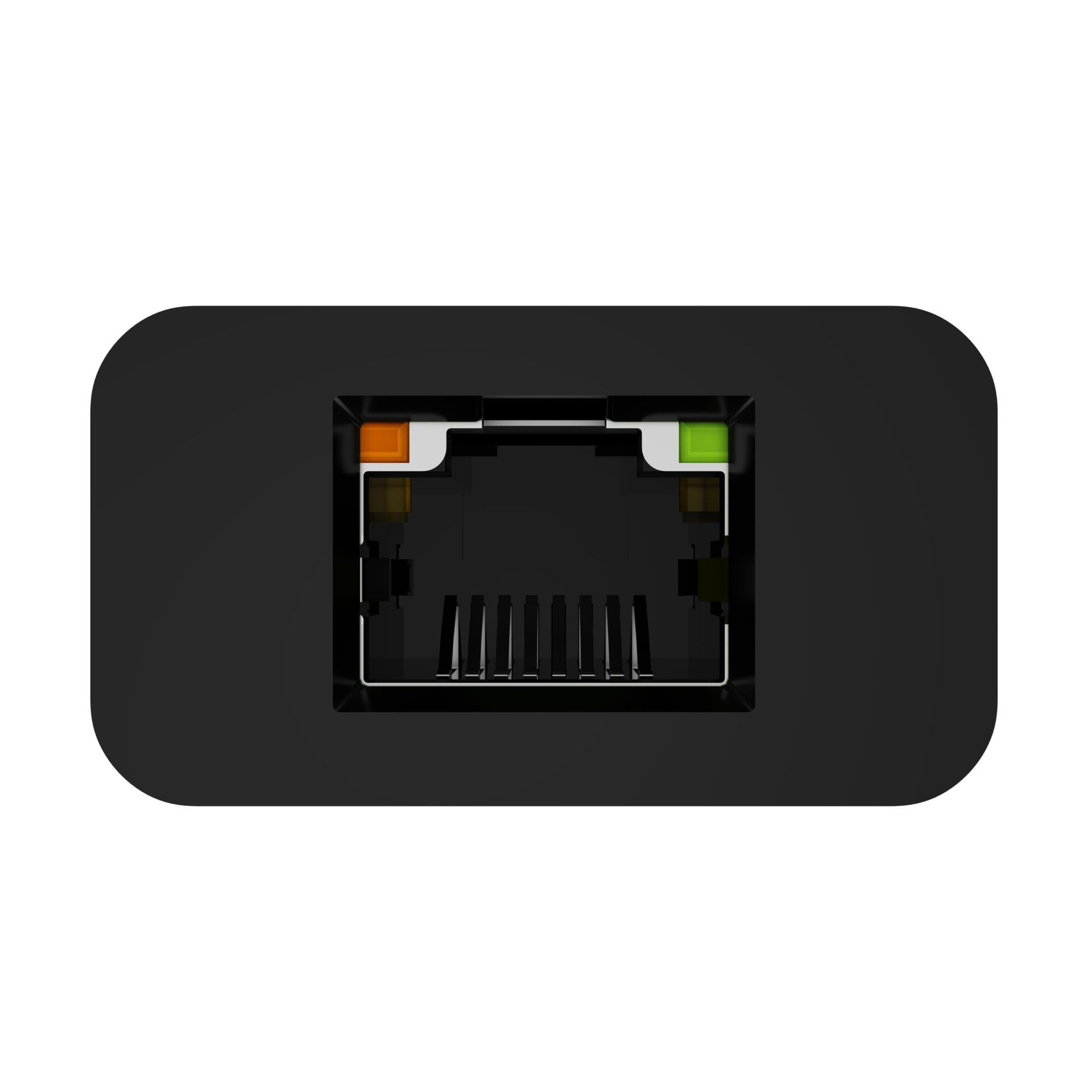 Turuncu ve yeşil ışıklı siyah ethernet portu. Dikdörtgen şekil.