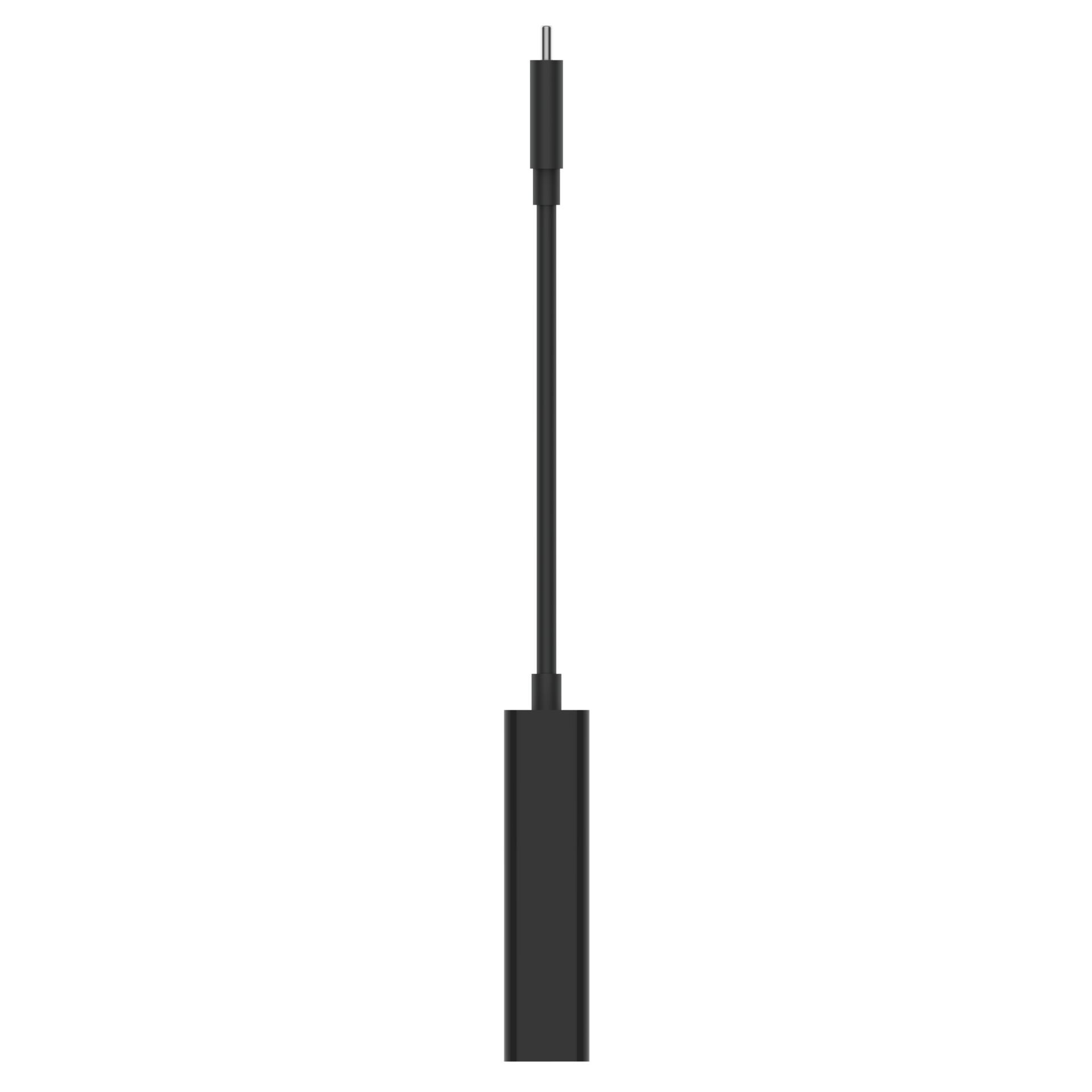 Dikdörtgen bir adaptörlü siyah USB-C - USB-C kablosu. Beyaz zemin.