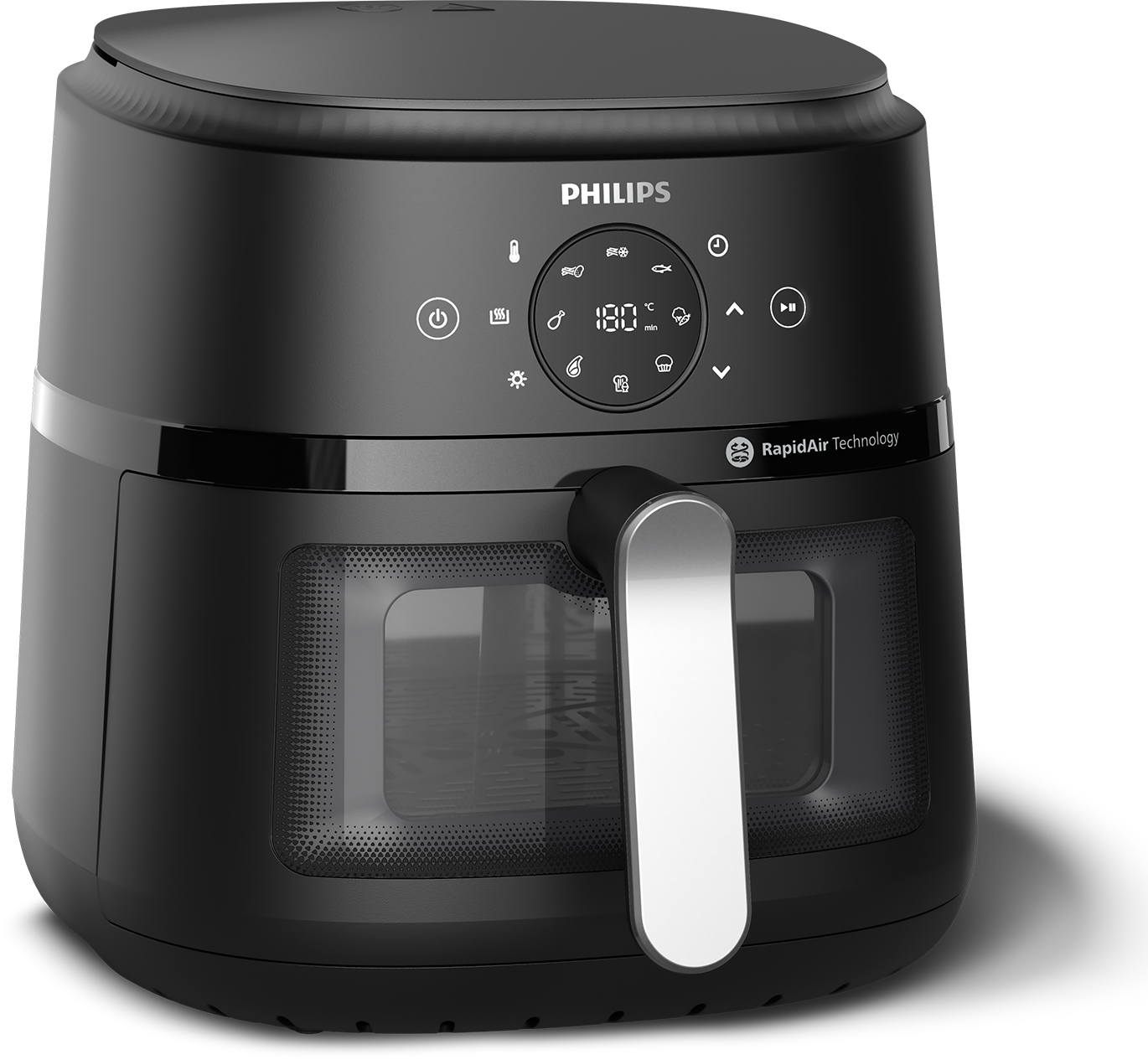 Fekete légsütő ezüst fogantyúval és digitális kezelőpanellel.