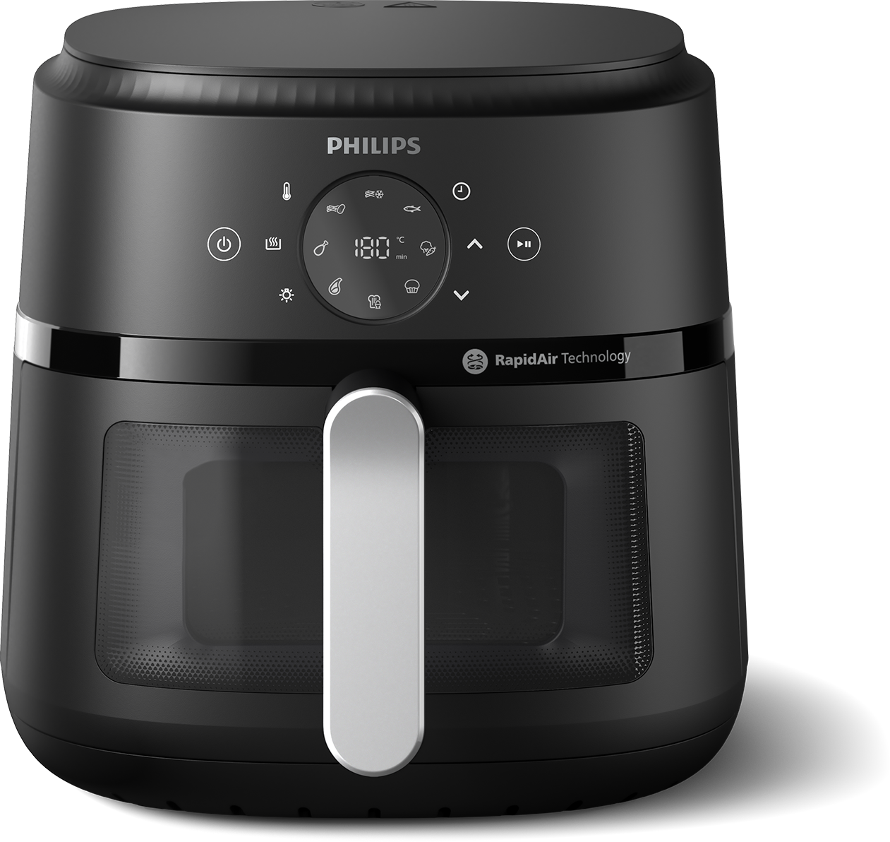 Fekete légsütő, digitális kijelzővel, fogantyúval. Látható a 'Philips' logó.